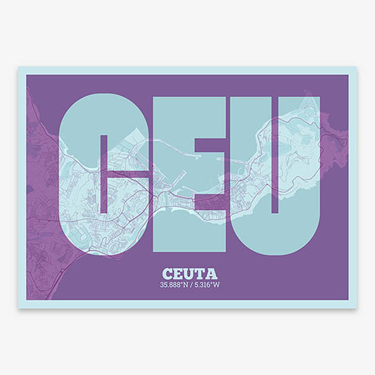 Decorative print of composed with letters in a heavy geometric font printed on purple and light blue