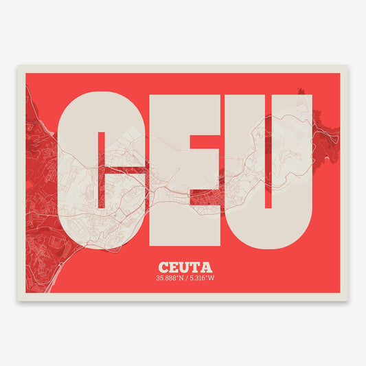 The map of Ceuta composed with letters in a heavy geometric font printed on red and an off-white background
