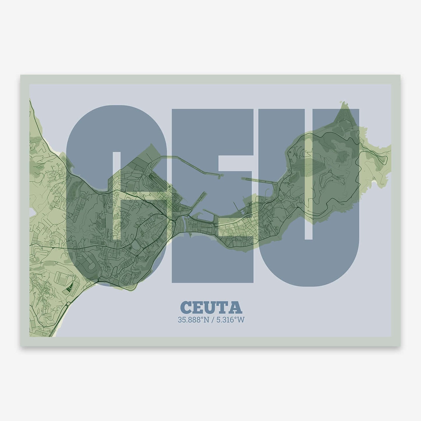 The map of Ceuta composed with letters in a heavy geometric font printed on two green tones