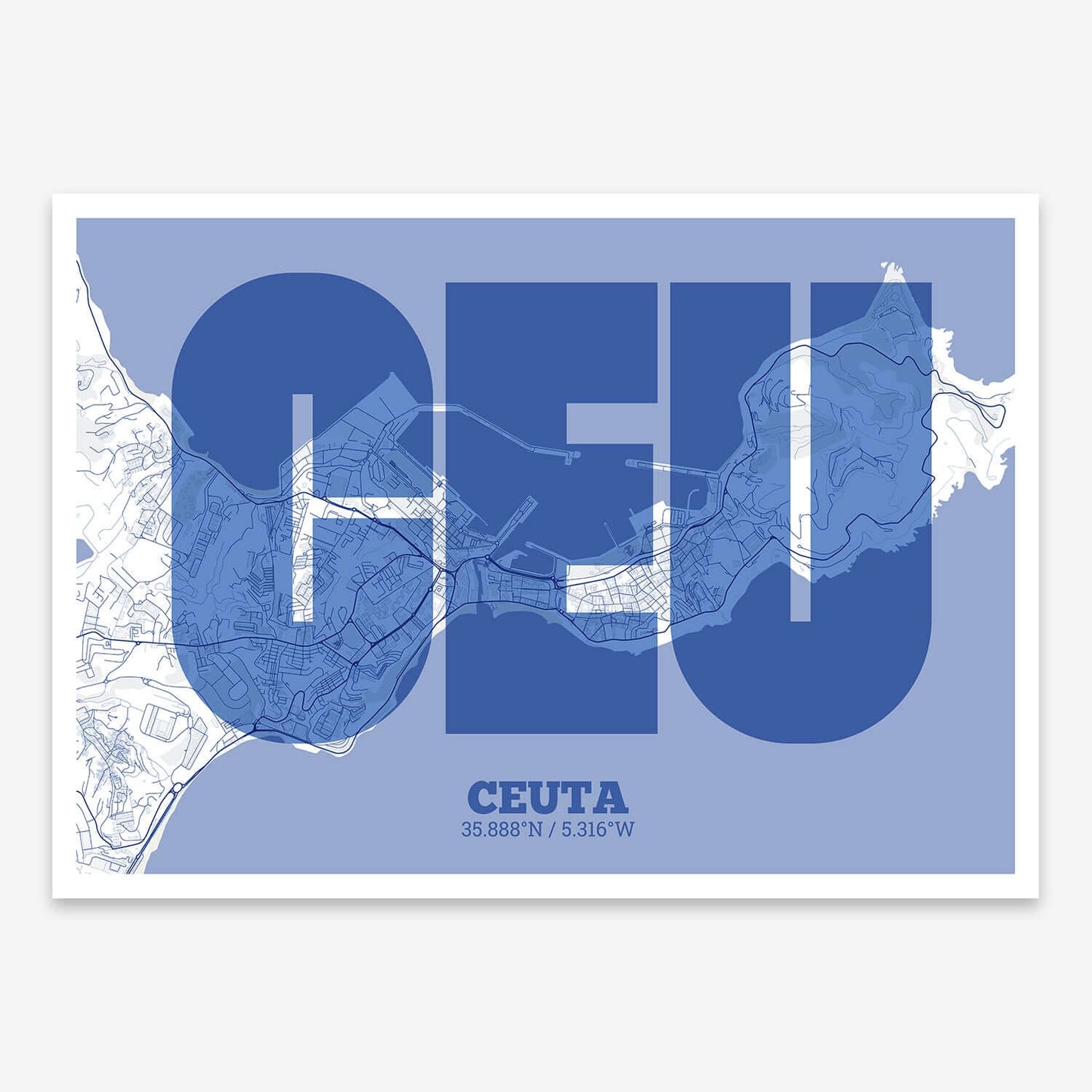 The map of Ceuta composed with letters in a heavy geometric font printed on navy blue and white