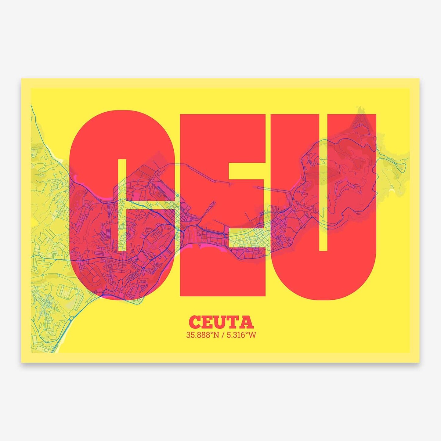 The map of Ceuta composed with letters in a heavy geometric font printed on yellow and fuchsia