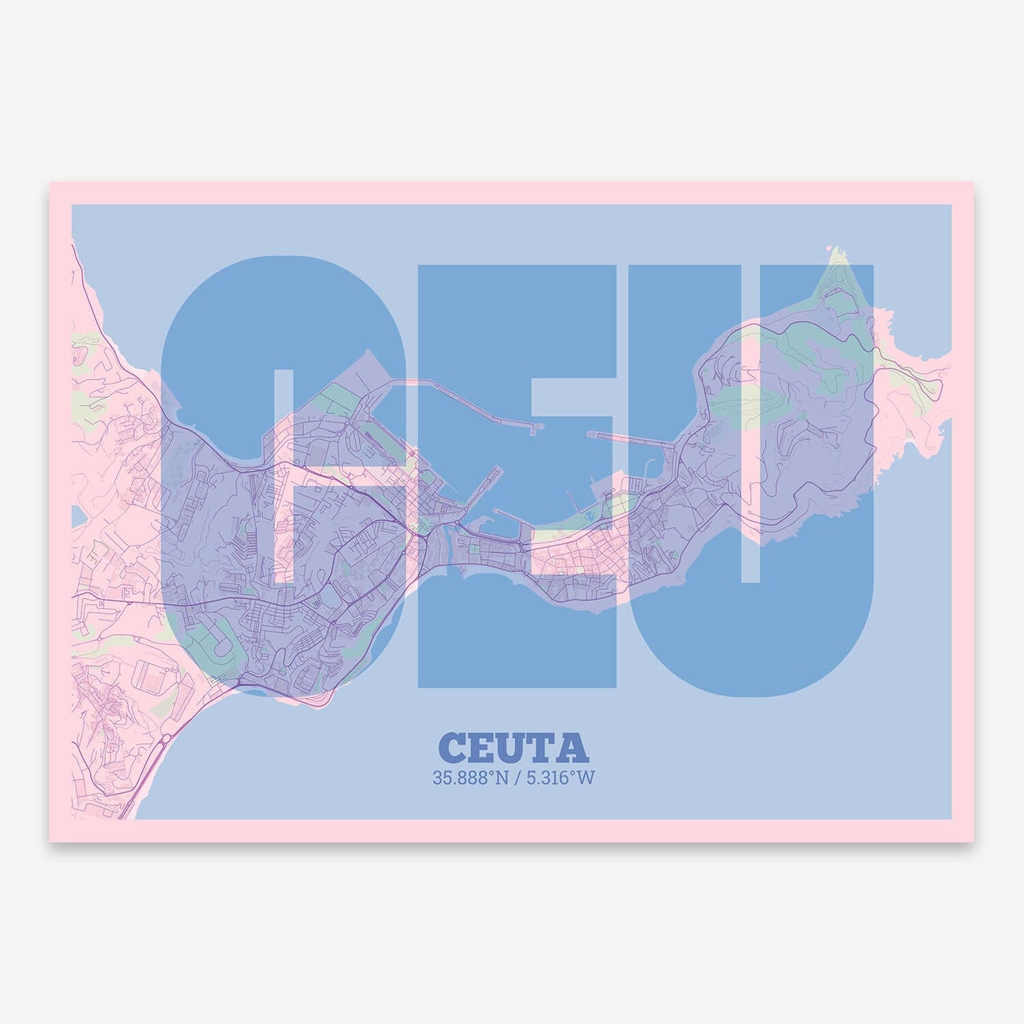The map of Ceuta composed with letters in a heavy geometric font printed on pink and light blue