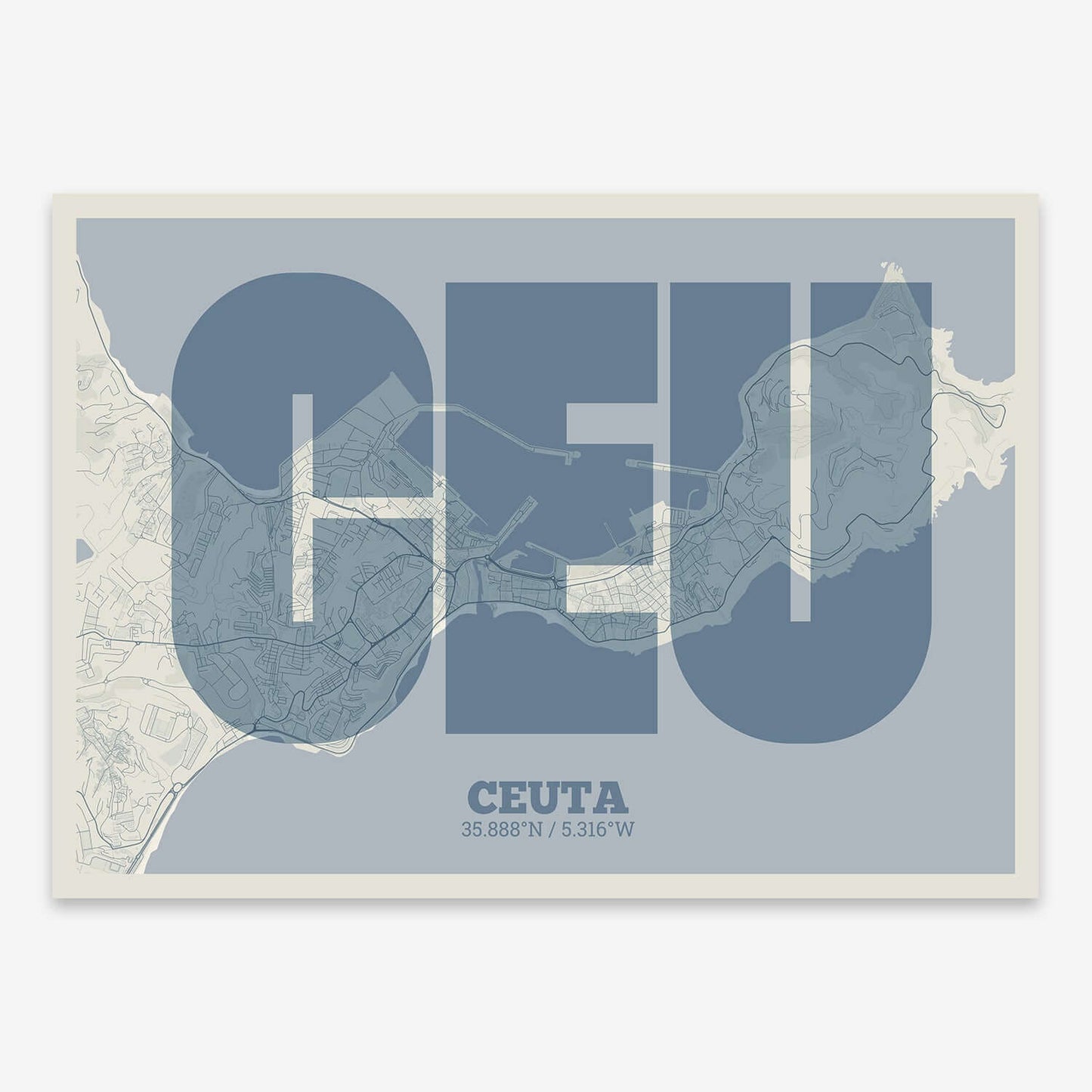 The map of Ceuta composed with letters in a heavy geometric font printed on bluish gray and an off-white background