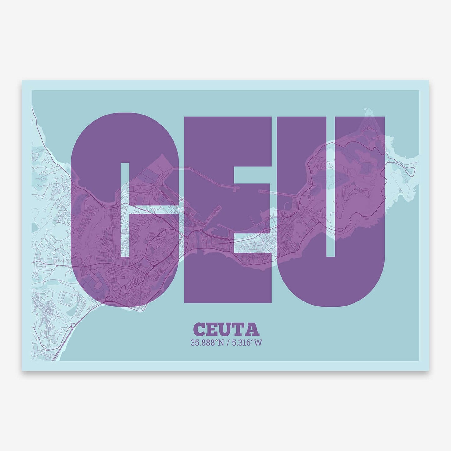 The map of Ceuta composed with letters in a heavy geometric font printed on purple and light blue