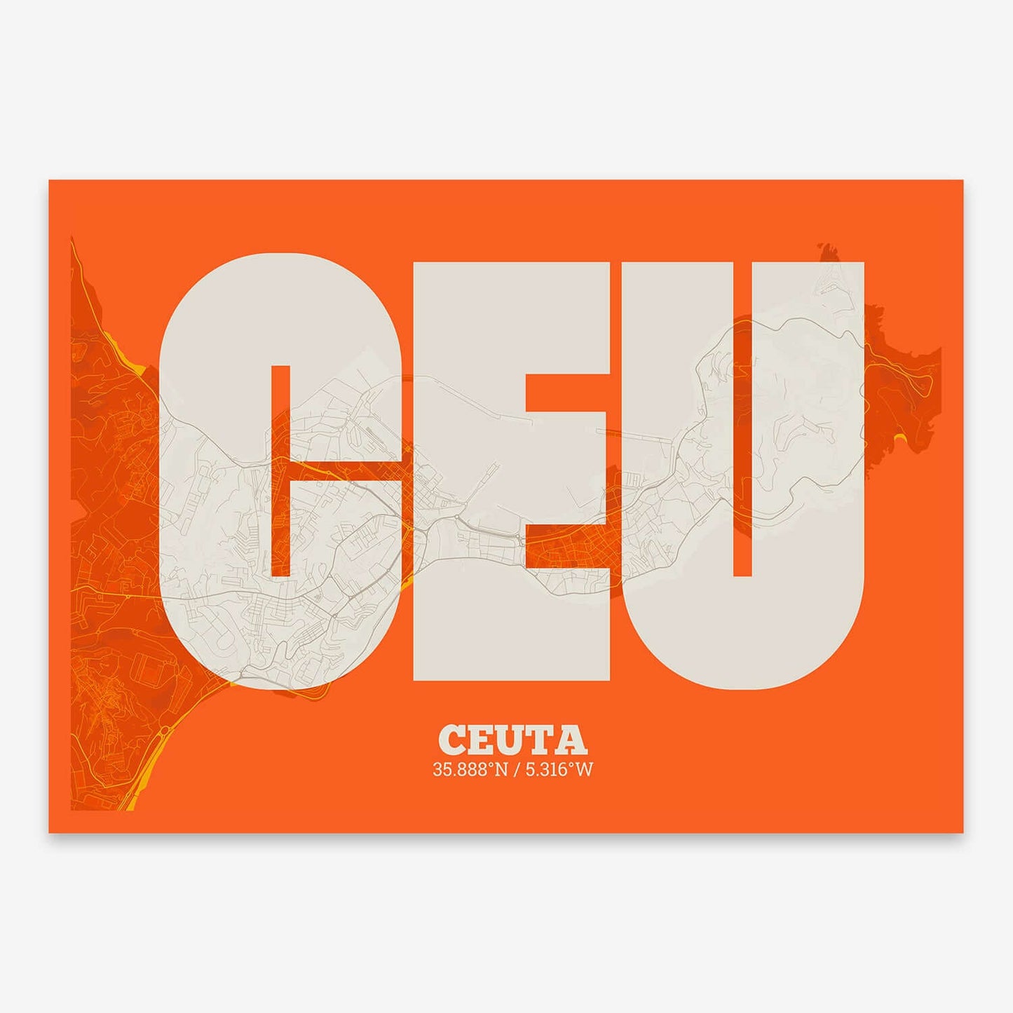 The map of Ceuta composed with letters in a heavy geometric font printed on orange and an off-white background