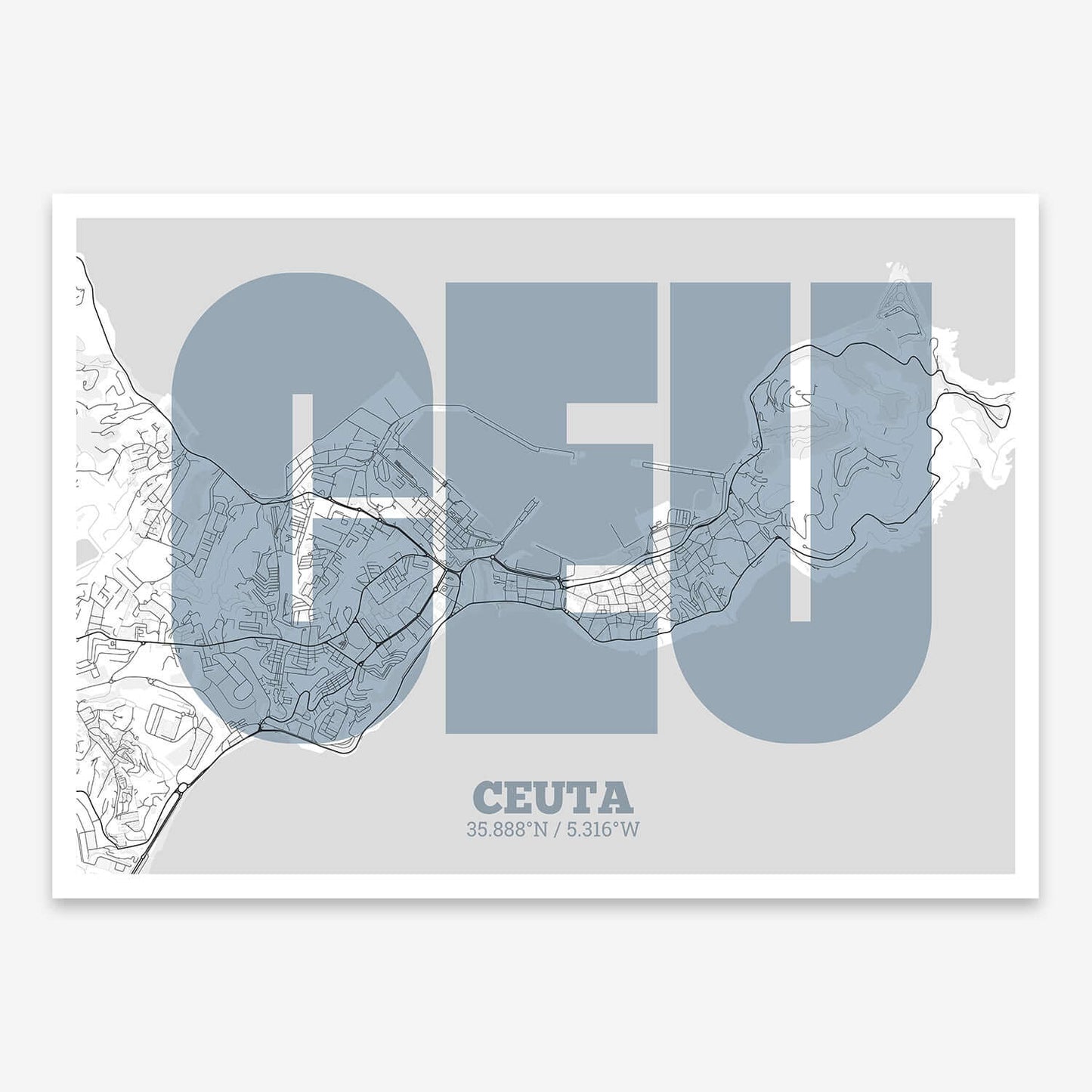 The map of Ceuta composed with letters in a heavy geometric font printed on black and white