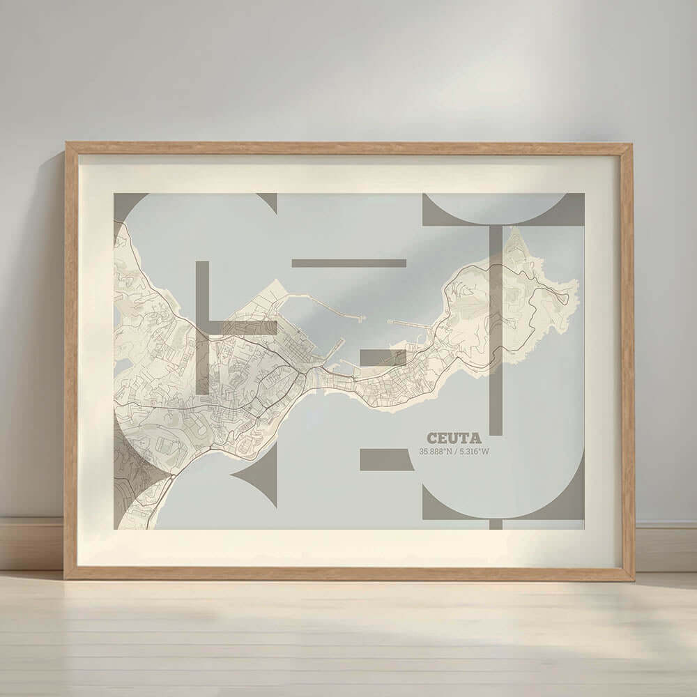 Póster artístico de Ceuta con tipografía geométrica - Decoración personalizada