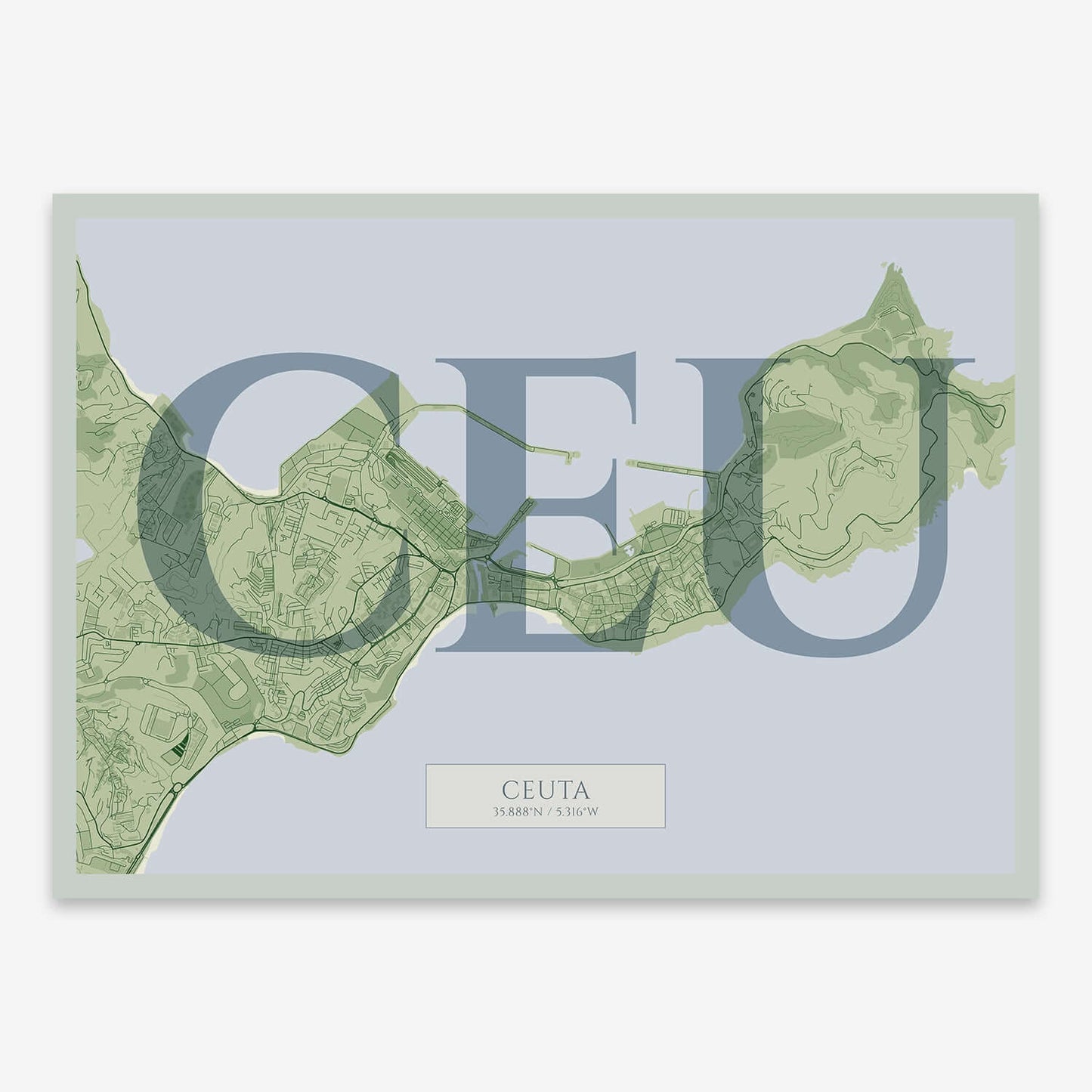 The map of Ceuta composed with letters in serif font printed on two green tones