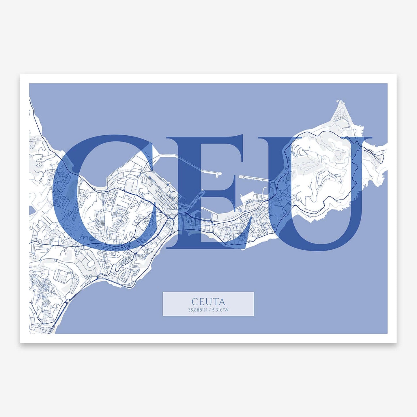 The map of Ceuta composed with letters in serif font printed on navy blue and white