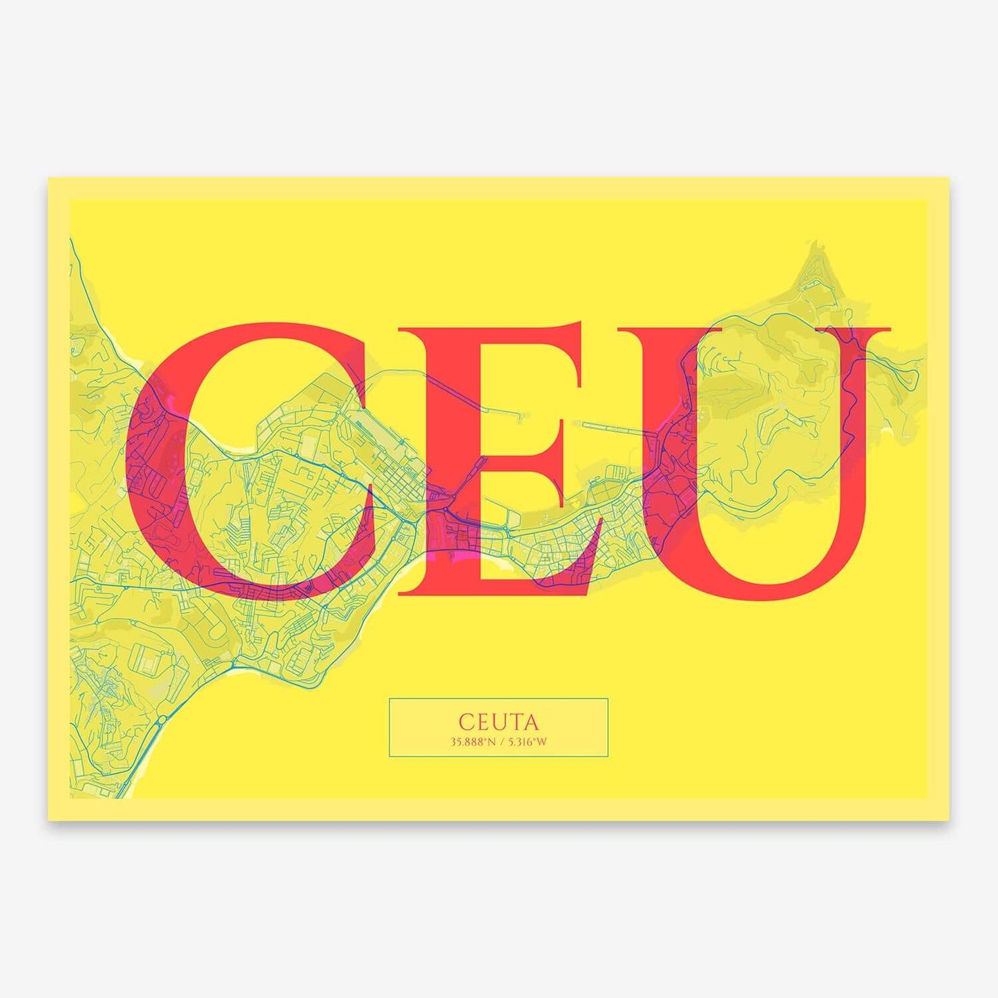 The map of Ceuta composed with letters in serif font printed on yellow and fuchsia