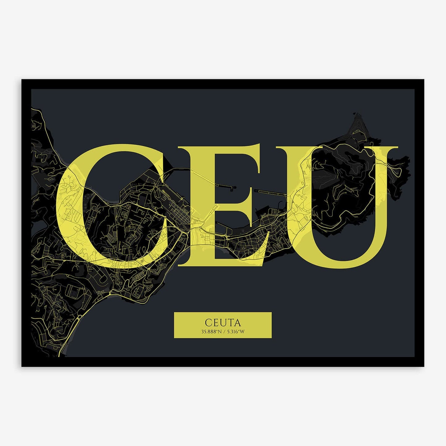 The map of Ceuta composed with letters in serif font printed on black and yellow