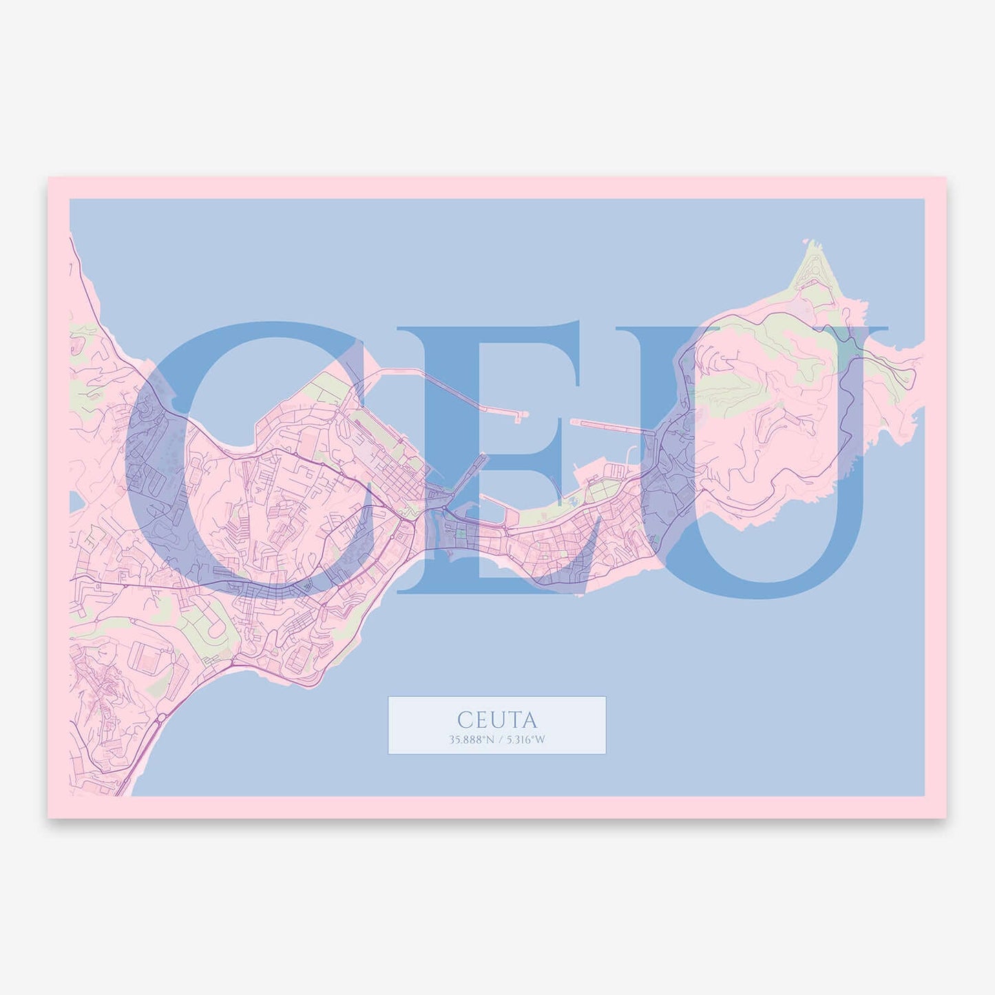 The map of Ceuta composed with letters in serif font printed on pink and light blue