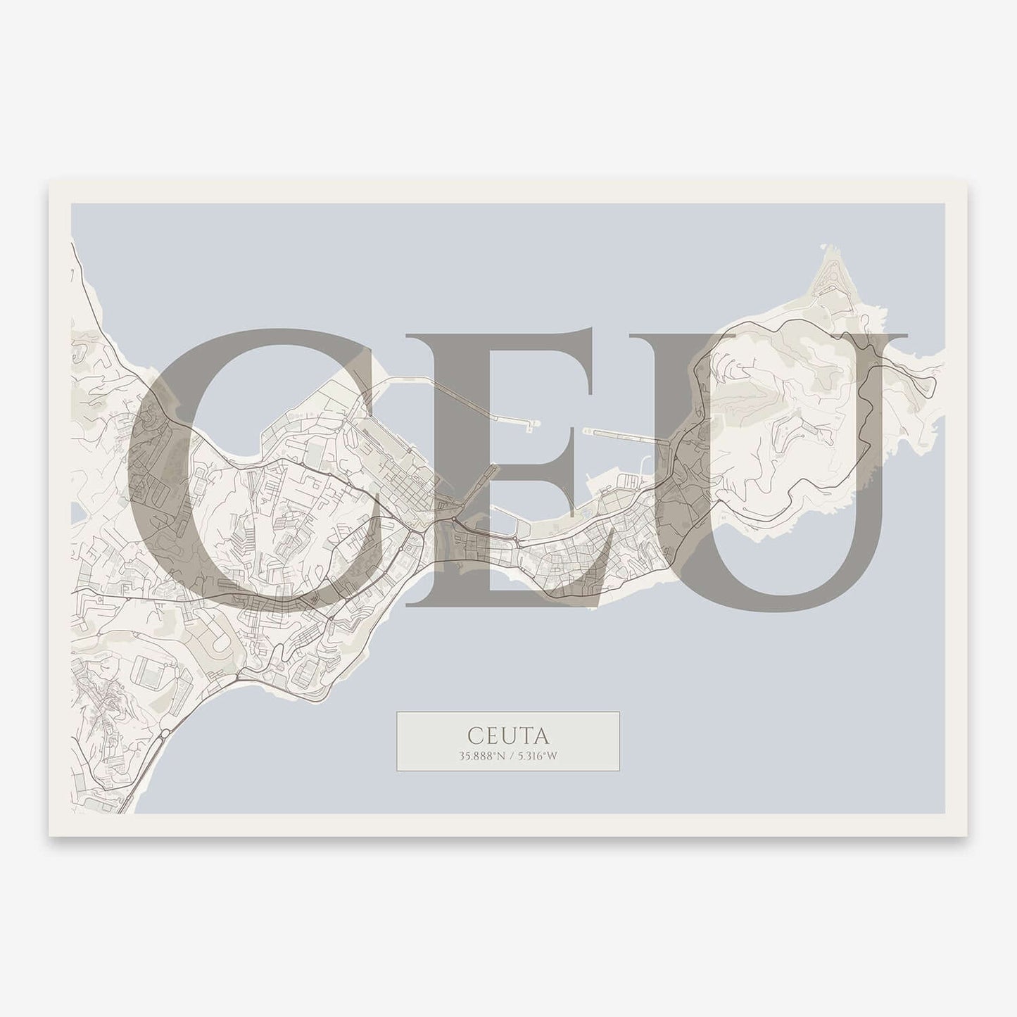 The map of Ceuta composed with letters in serif font printed on light brown and an off-white background