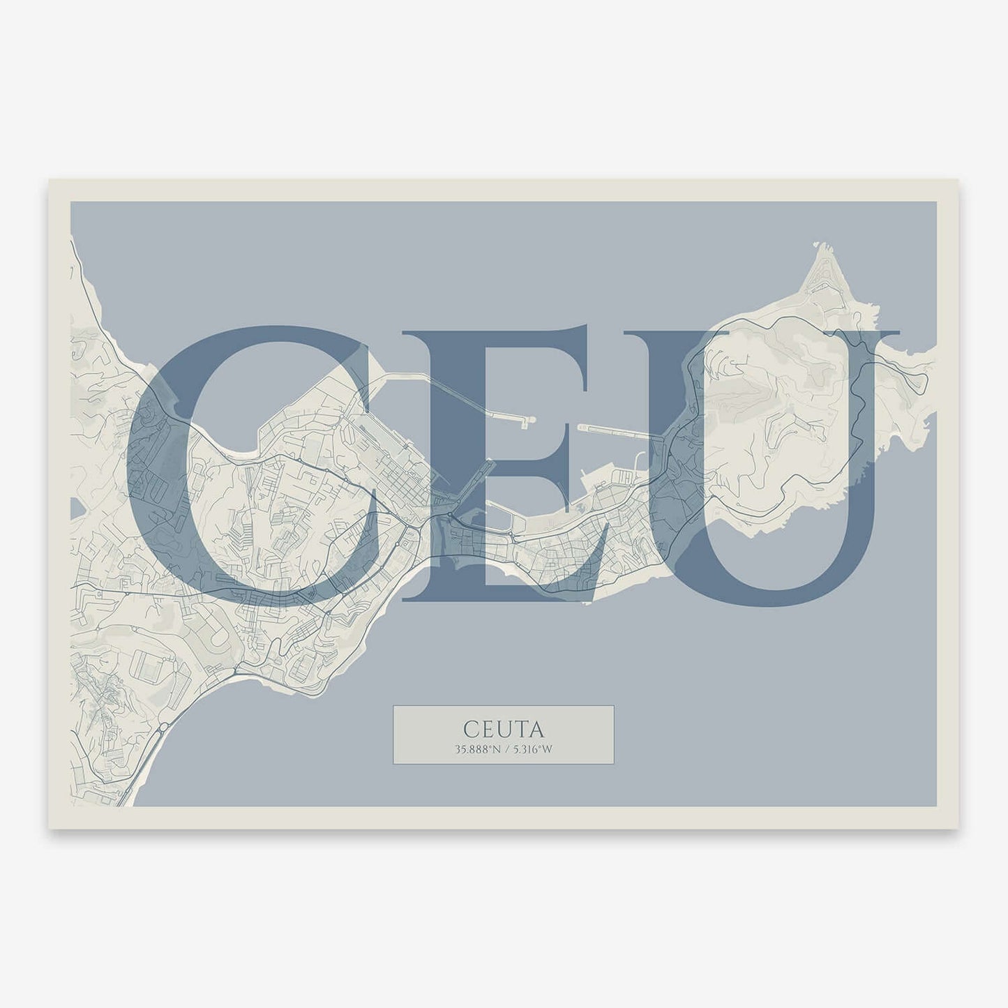 The map of Ceuta composed with letters in serif font printed on bluish gray and an off-white background