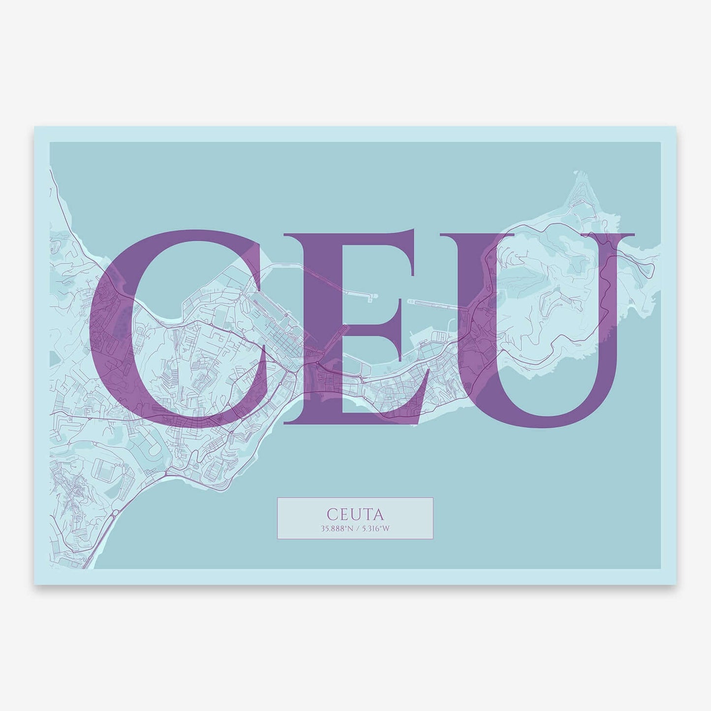 The map of Ceuta composed with letters in serif font printed on purple and light blue