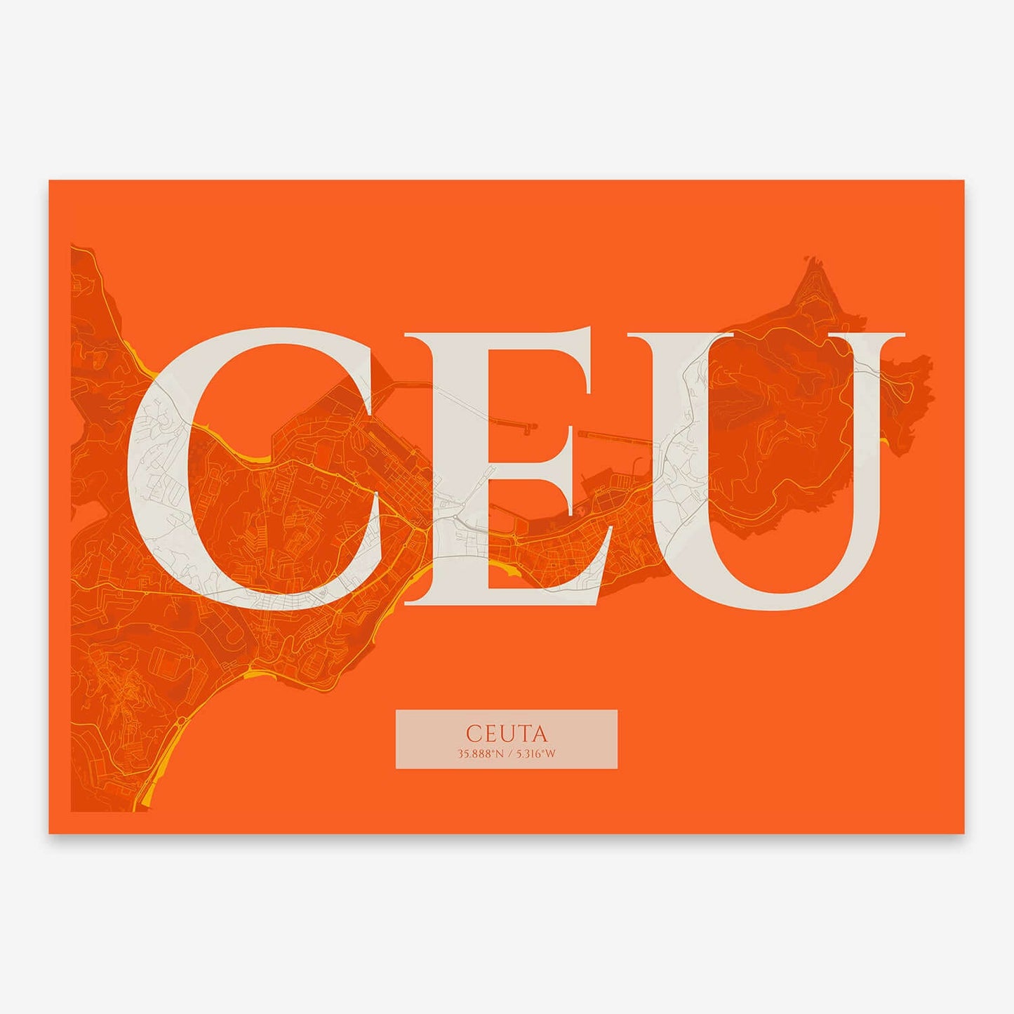 The map of Ceuta composed with letters in serif font printed on orange and an off-white background