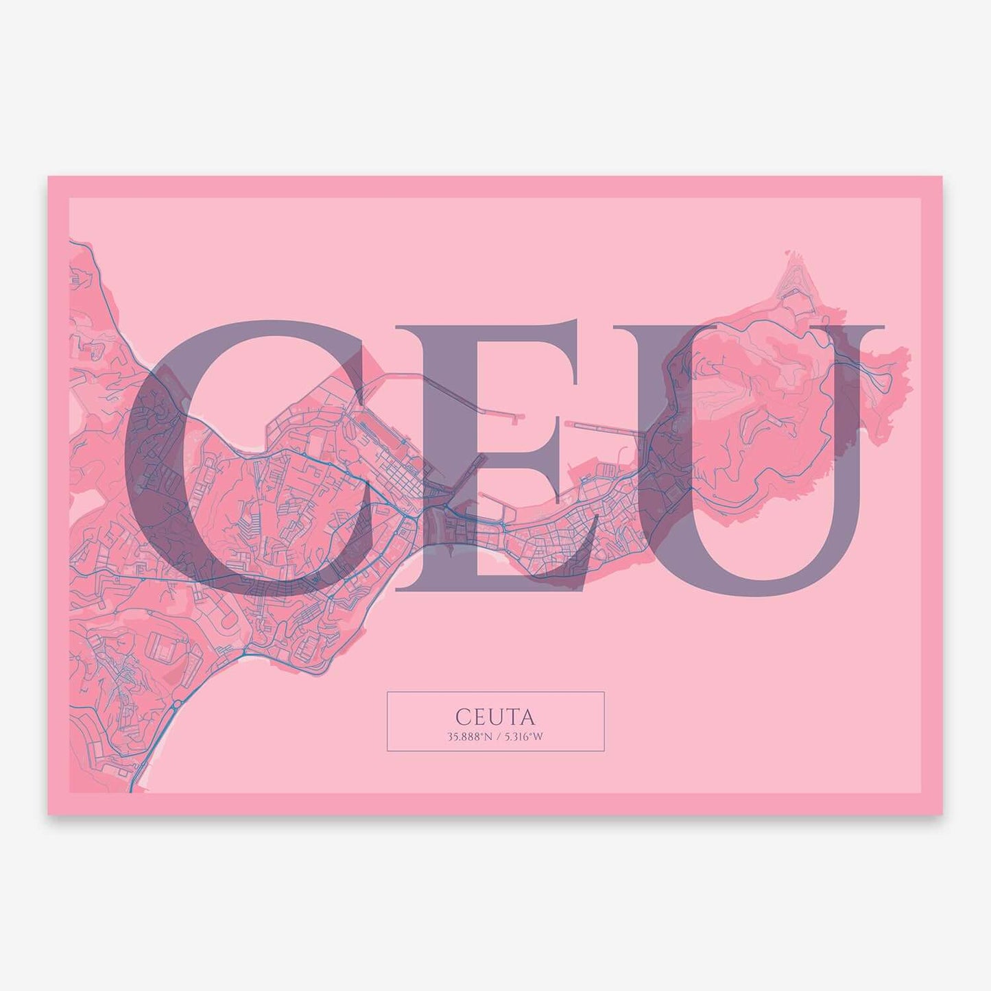 The map of Ceuta composed with letters in serif font printed on violet y pink background