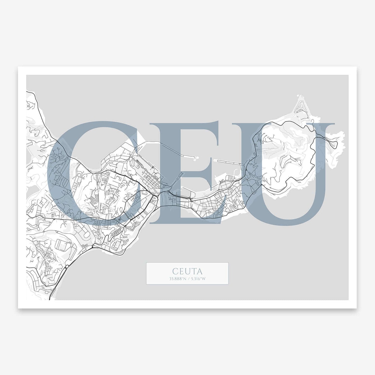 The map of Ceuta composed with letters in serif font printed on black and white