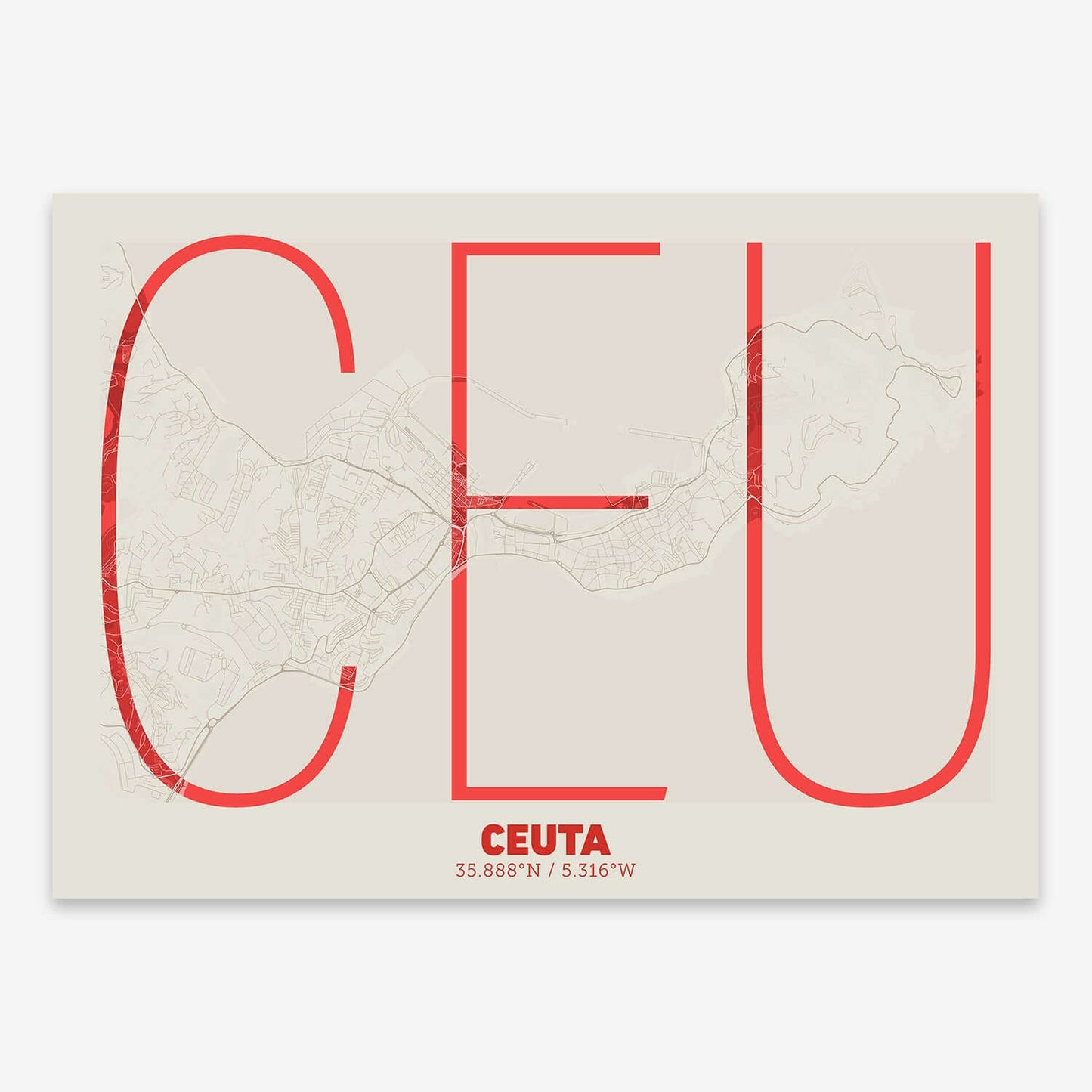 The map of Ceuta composed with letters in extra light font printed on red and an off-white background