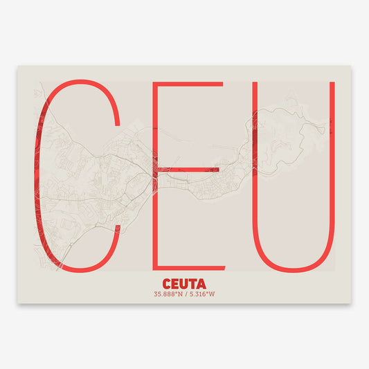 The map of Ceuta composed with letters in extra light font printed on red and an off-white background