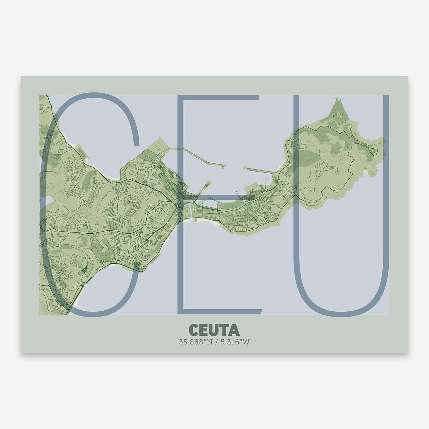 The map of Ceuta composed with letters in extra light font printed on two green tones
