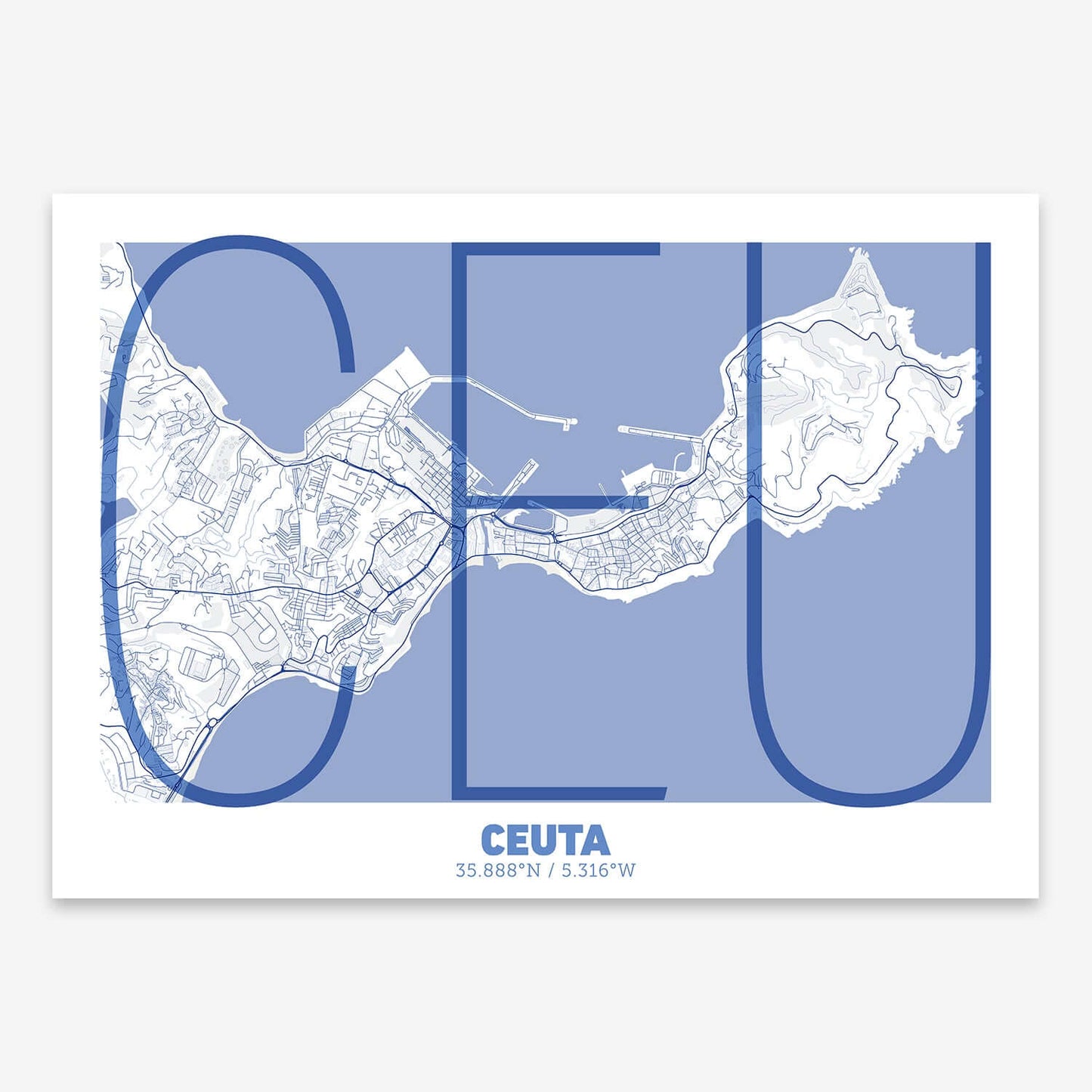 The map of Ceuta composed with letters in extra light font printed on navy blue and white
