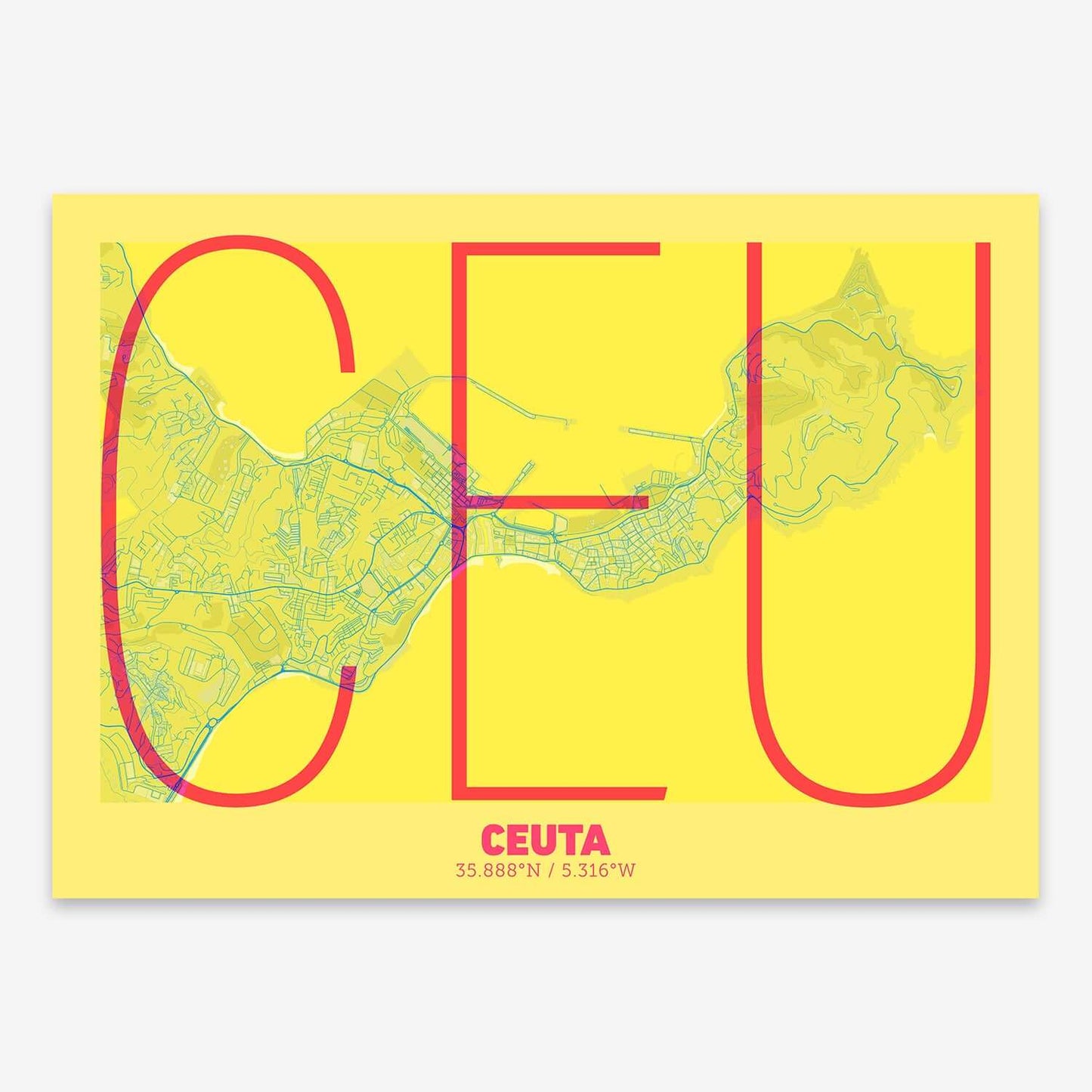 The map of Ceuta composed with letters in extra light font printed on yellow and fuchsia
