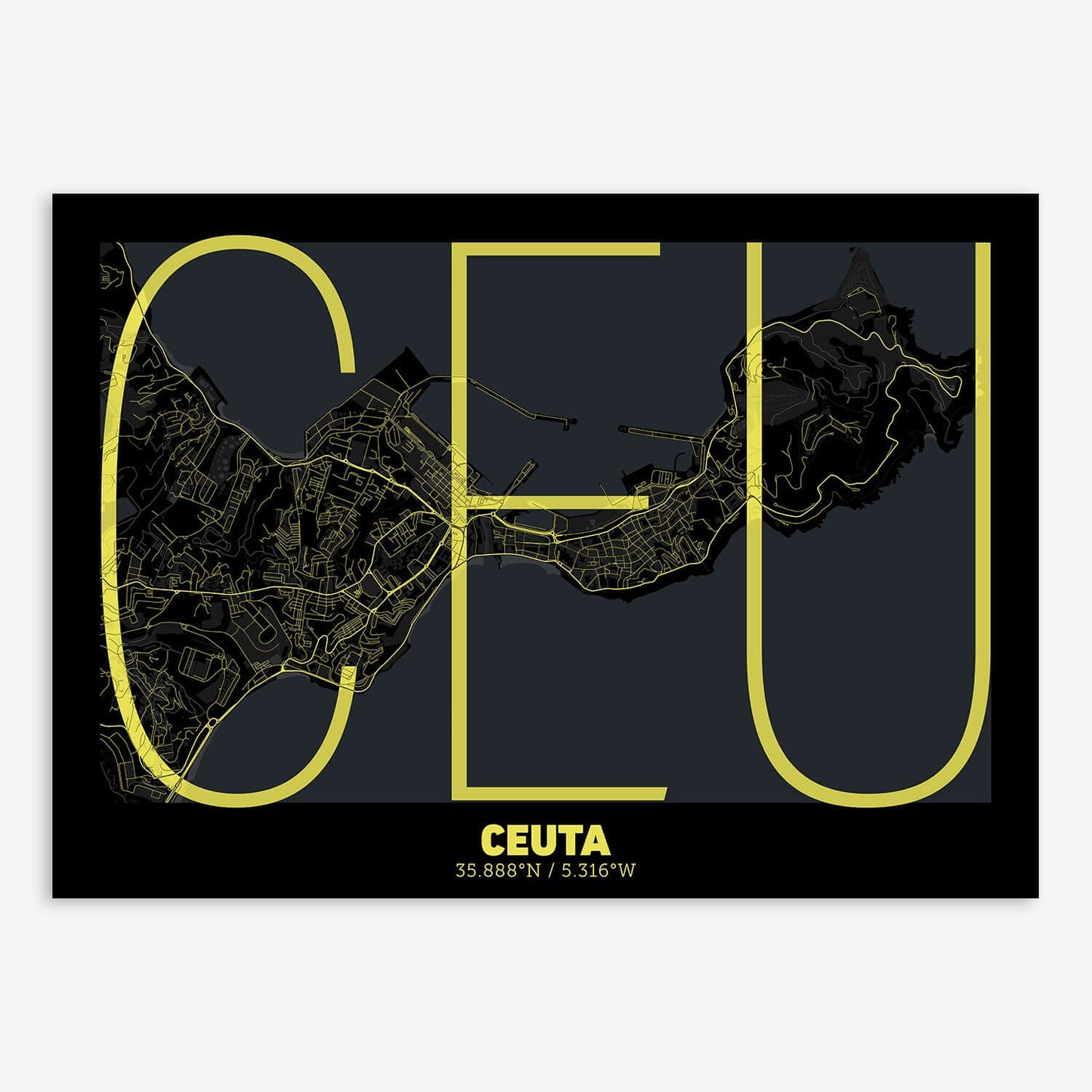 The map of Ceuta composed with letters in extra light font printed on black and yellow