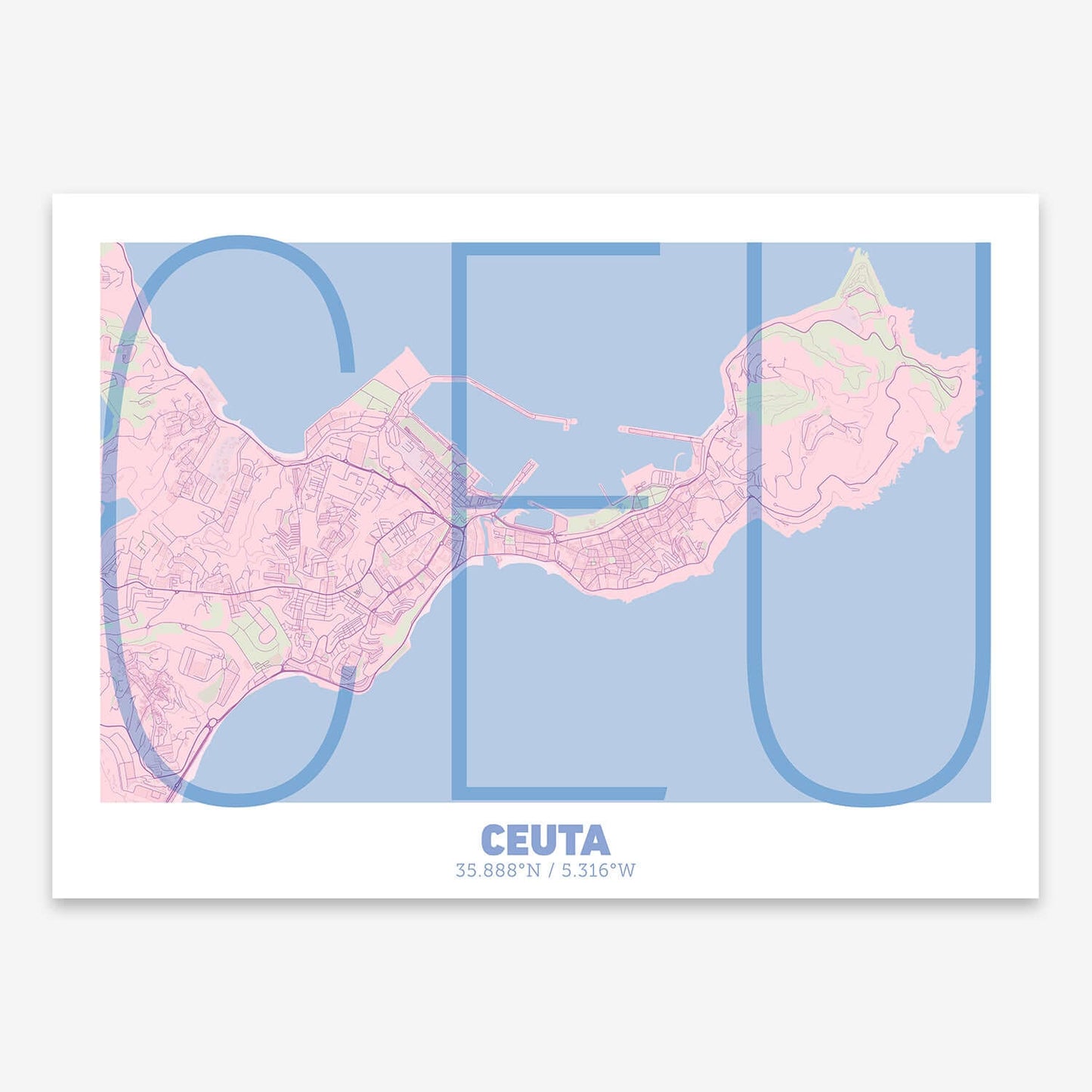 The map of Ceuta composed with letters in extra light font printed on pink and light blue