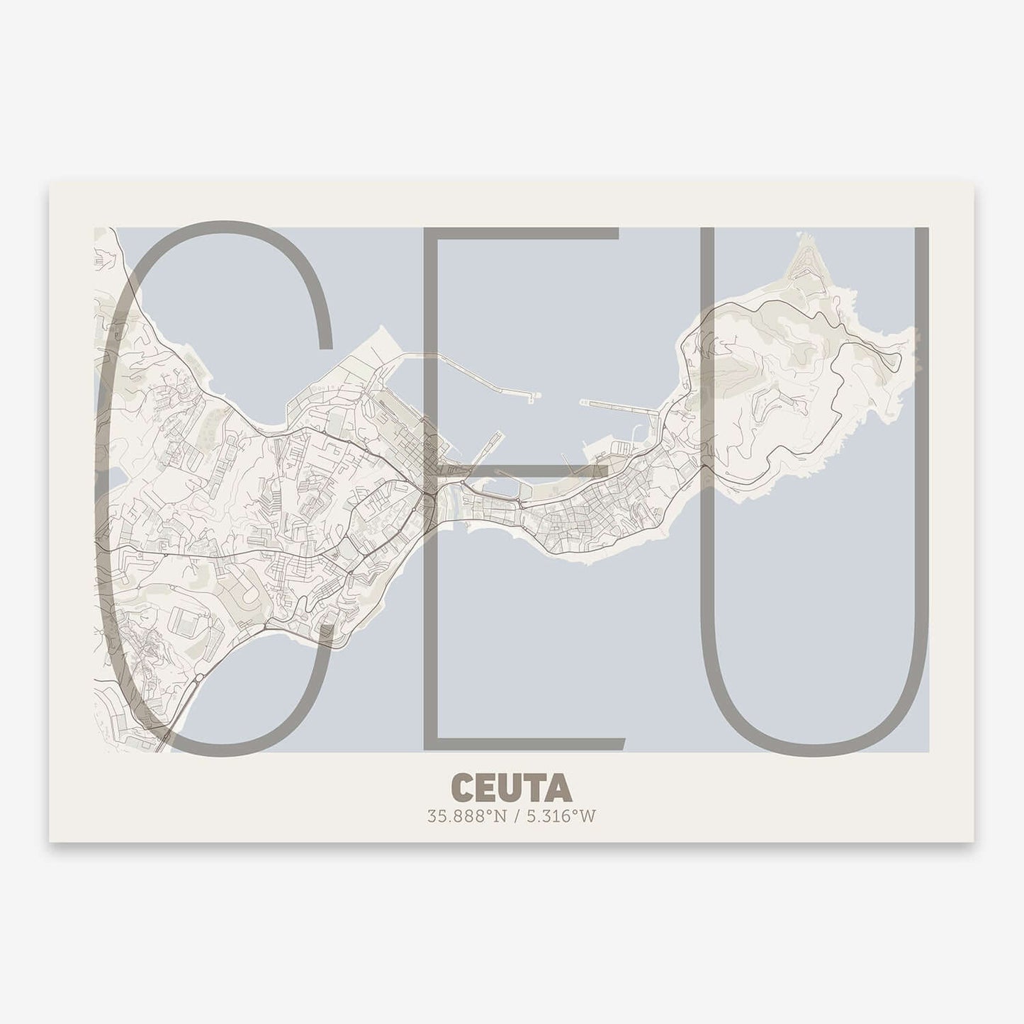 The map of Ceuta composed with letters in extra light font printed on light brown and an off-white background