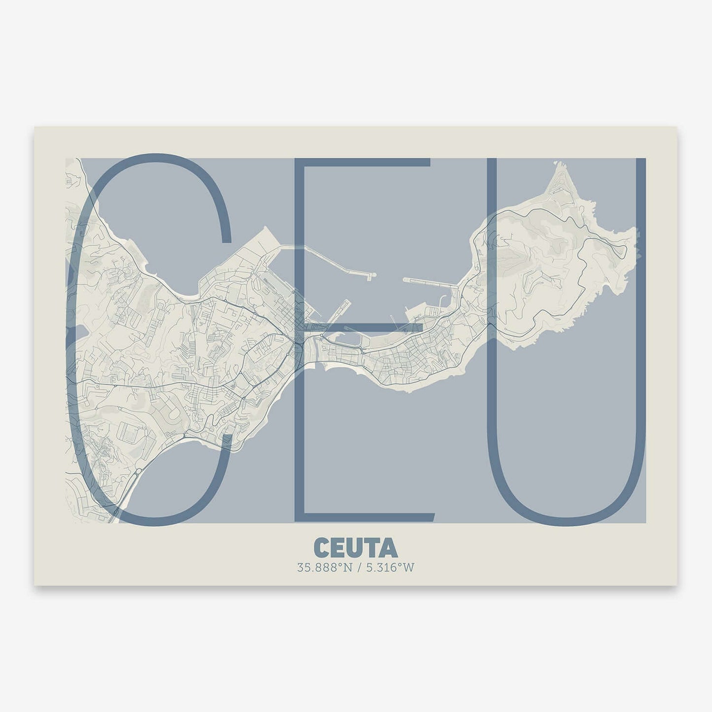 The map of Ceuta composed with letters in extra light font printed on bluish gray and an off-white background