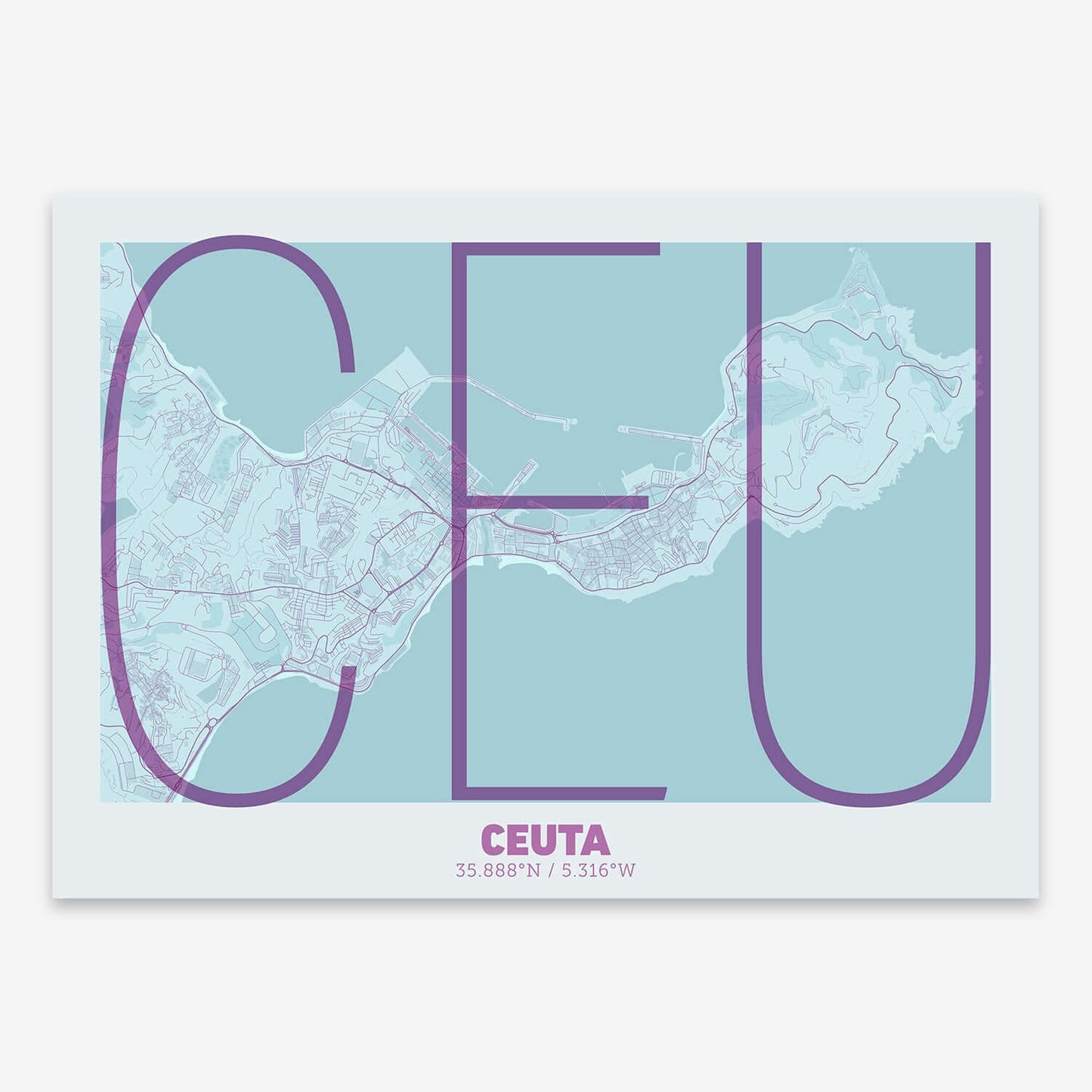 The map of Ceuta composed with letters in extra light font printed on purple and light blue