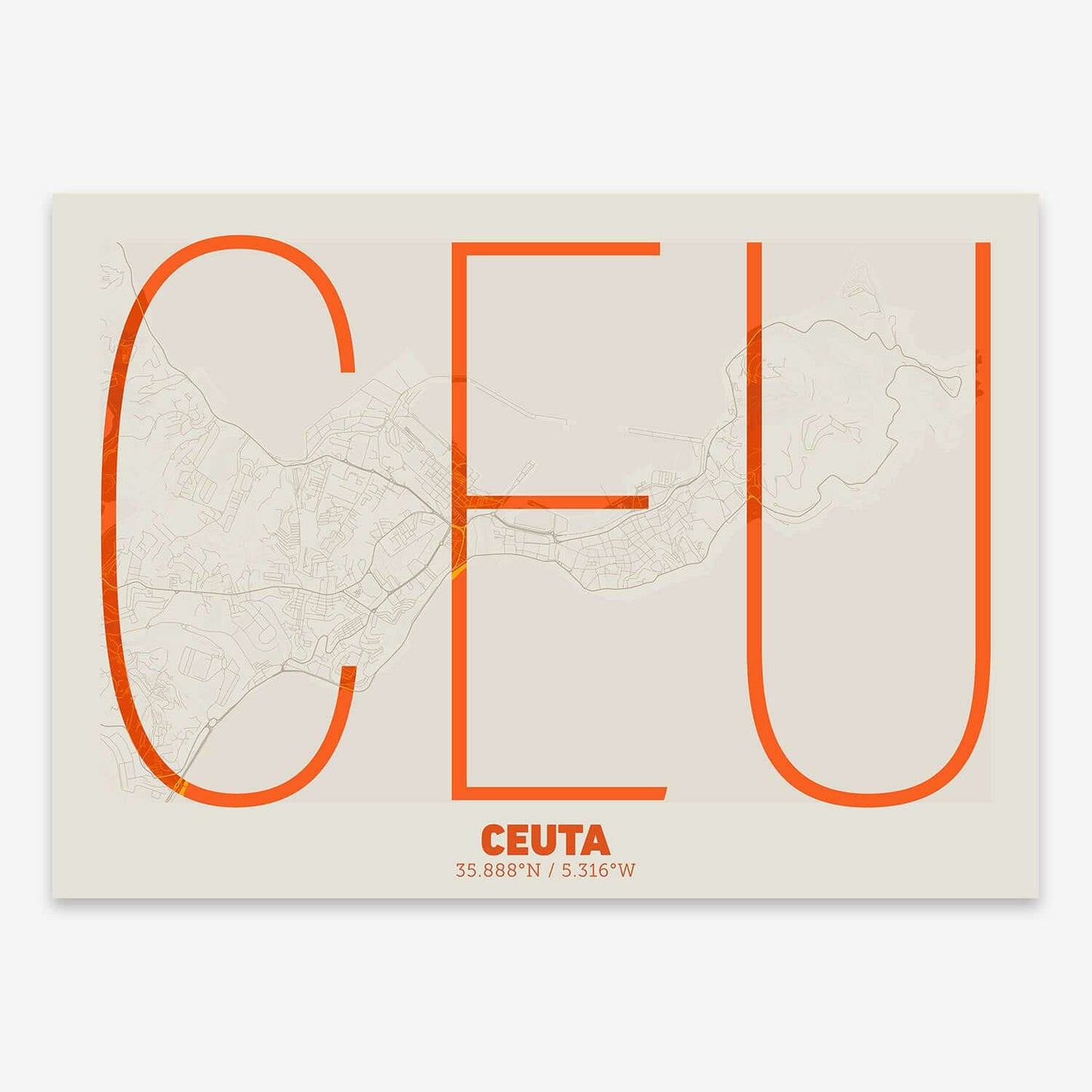 The map of Ceuta composed with letters in extra light font printed on orange and an off-white background