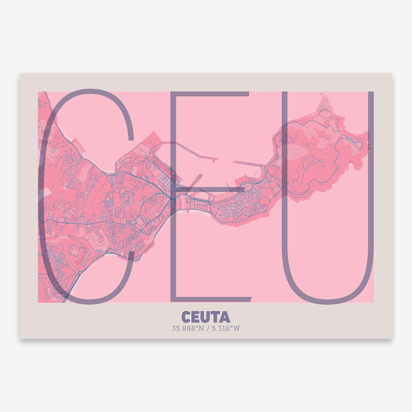 The map of Ceuta composed with letters in extra light font printed on violet y pink background