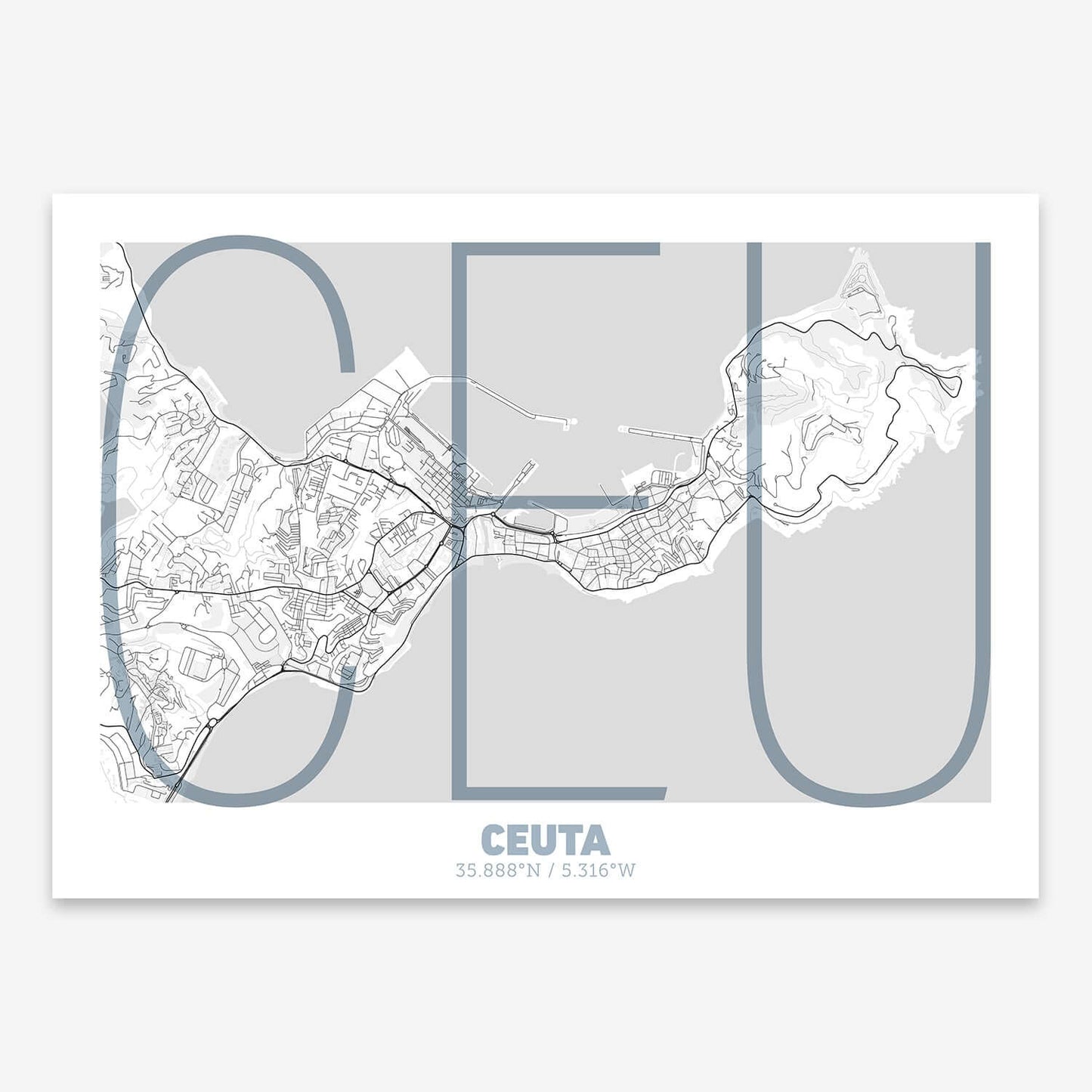 The map of Ceuta composed with letters in extra light font printed on black and white
