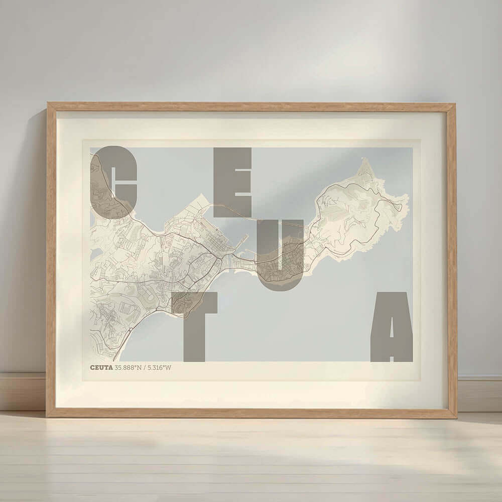 Lámina creativa de Ceuta – Diseño gráfico y tipografía sobre mapa