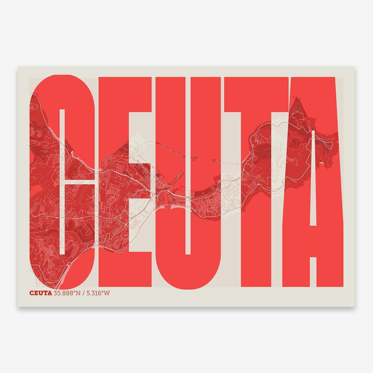 The map of Ceuta and letters of its name in a giclée print designed in red and an off-white background