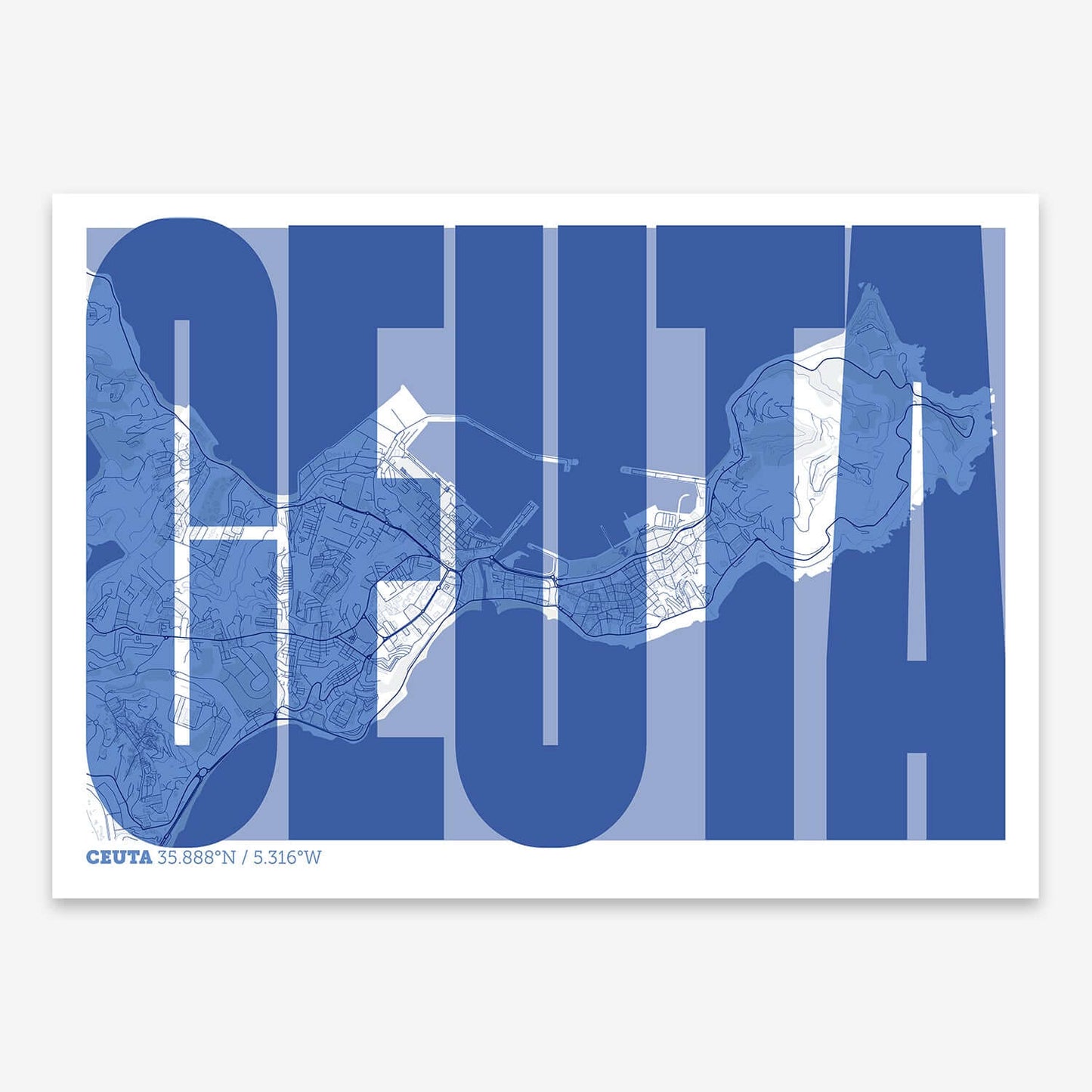 The map of Ceuta and letters of its name in a giclée print designed in navy blue and white