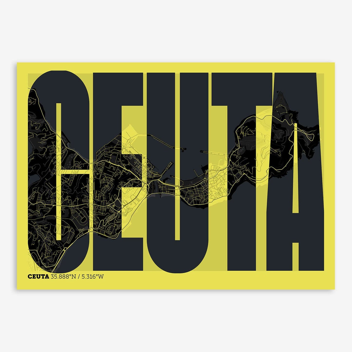 The map of Ceuta and letters of its name in a giclée print designed in black and yellow