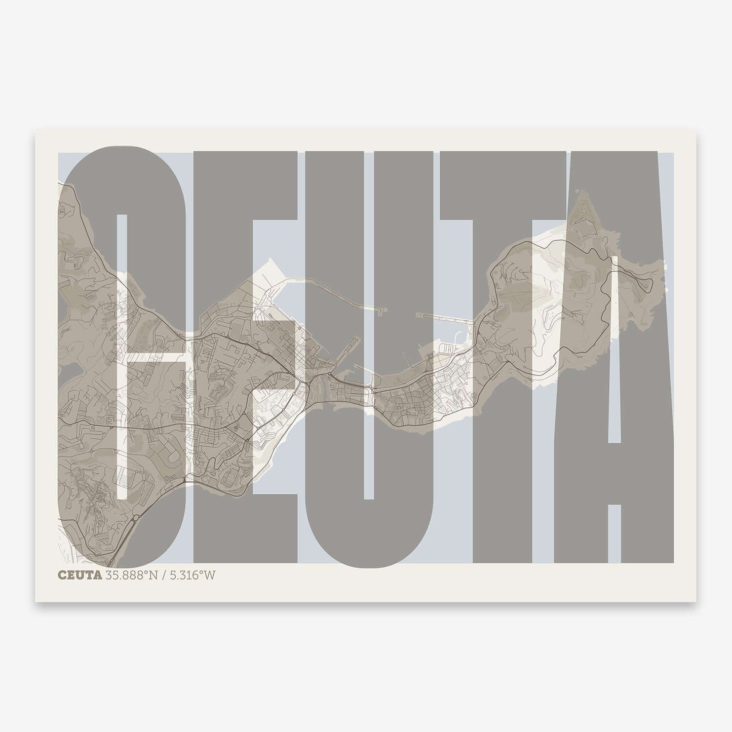 The map of Ceuta and letters of its name in a giclée print designed in light brown and an off-white background