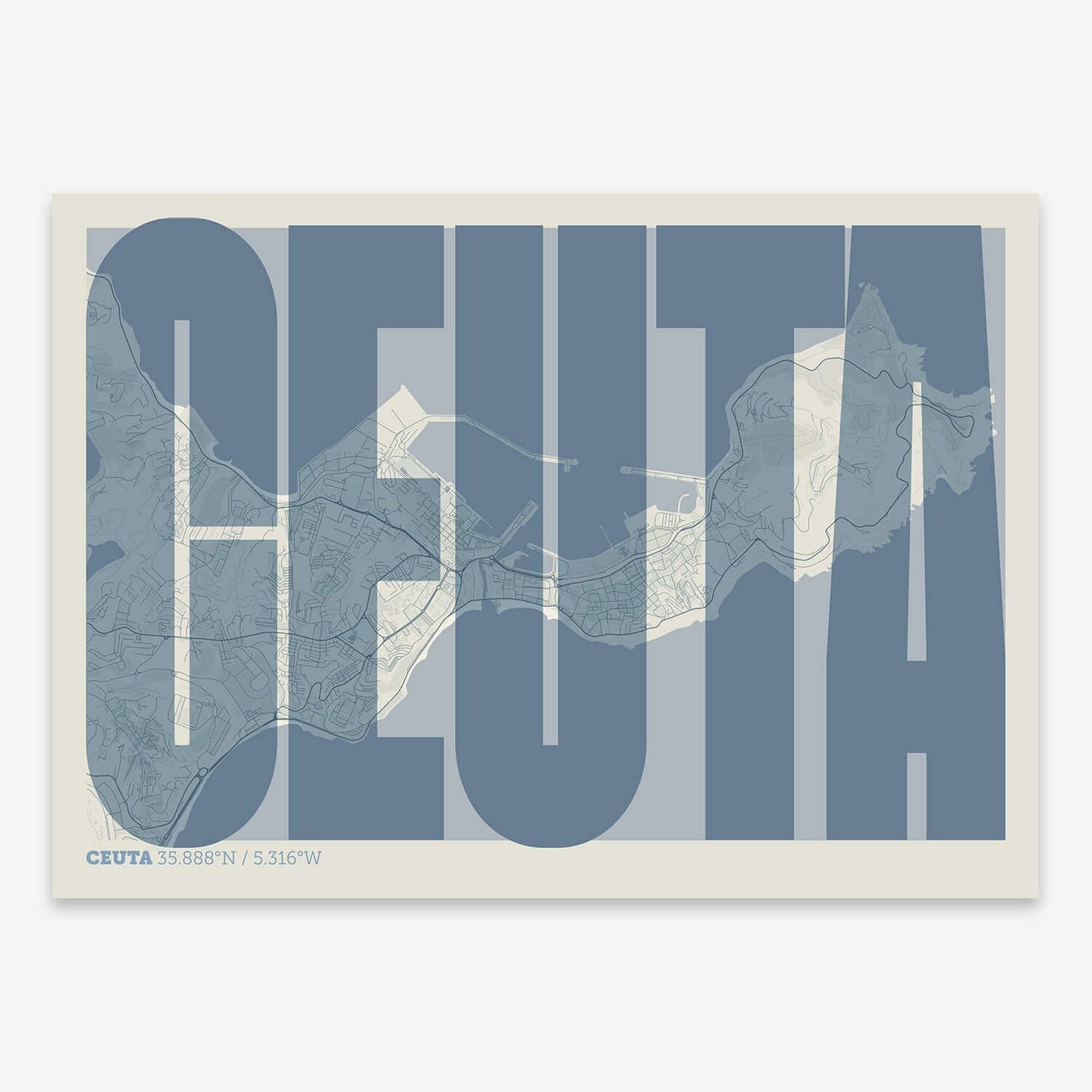 The map of Ceuta and letters of its name in a giclée print designed in bluish gray and an off-white background