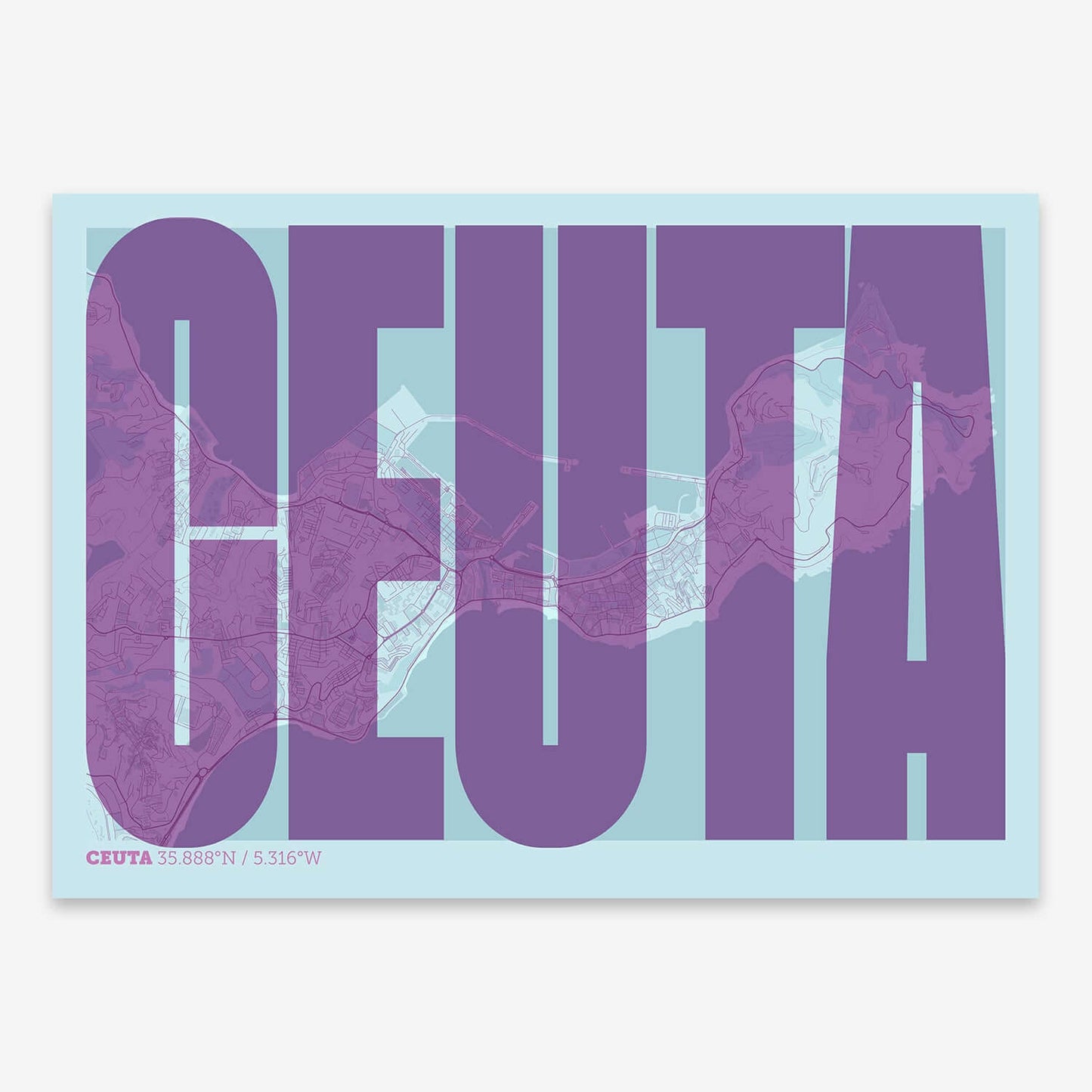 The map of Ceuta and letters of its name in a giclée print designed in purple and light blue