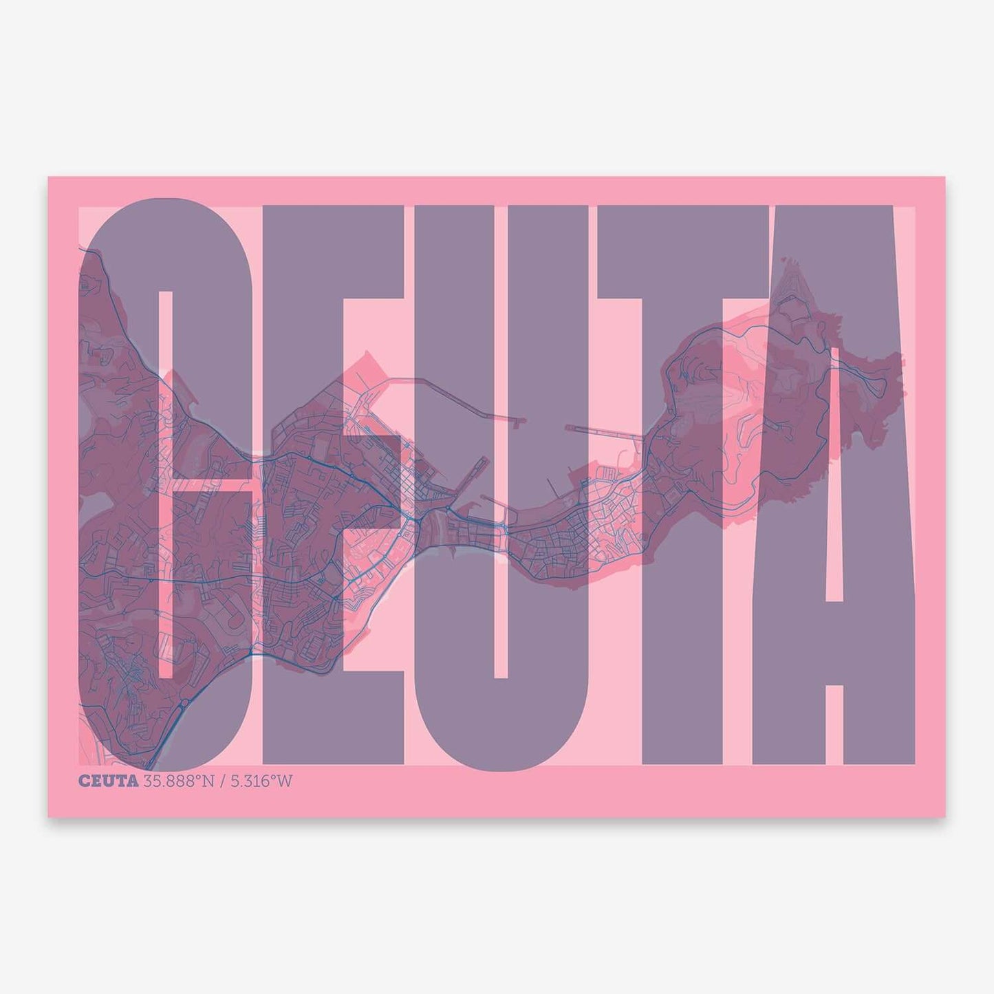 The map of Ceuta and letters of its name in a giclée print designed in violet y pink background
