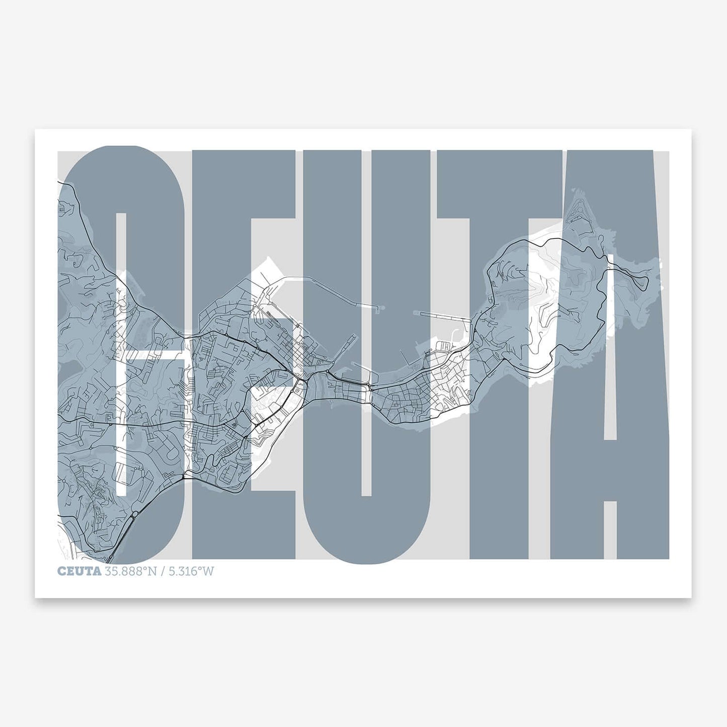 The map of Ceuta and letters of its name in a giclée print designed in black and white