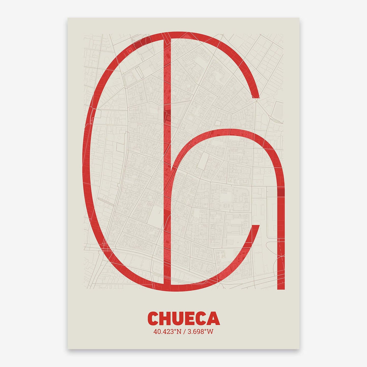 The map of Chueca composed with letters in extra light font printed on orange and an off-white background