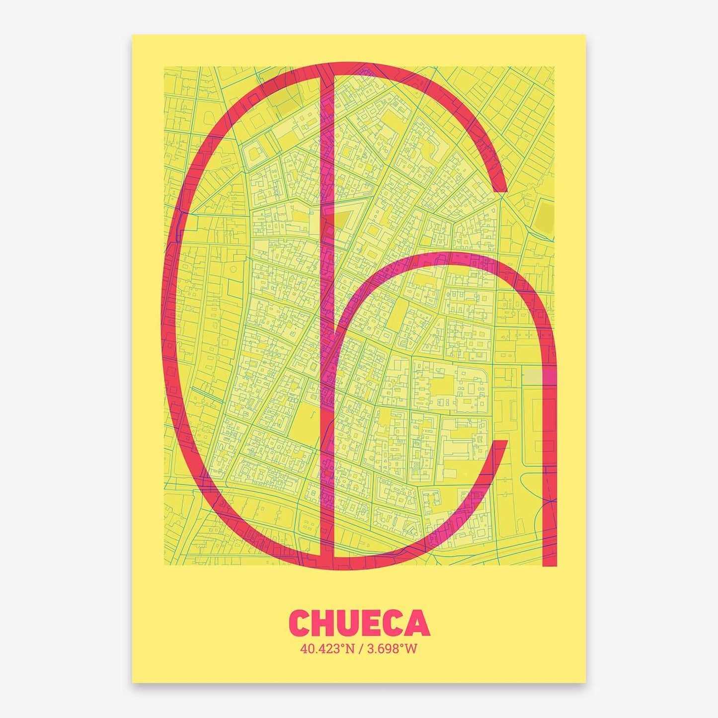 The map of Chueca composed with letters in extra light font printed on red and an off-white background