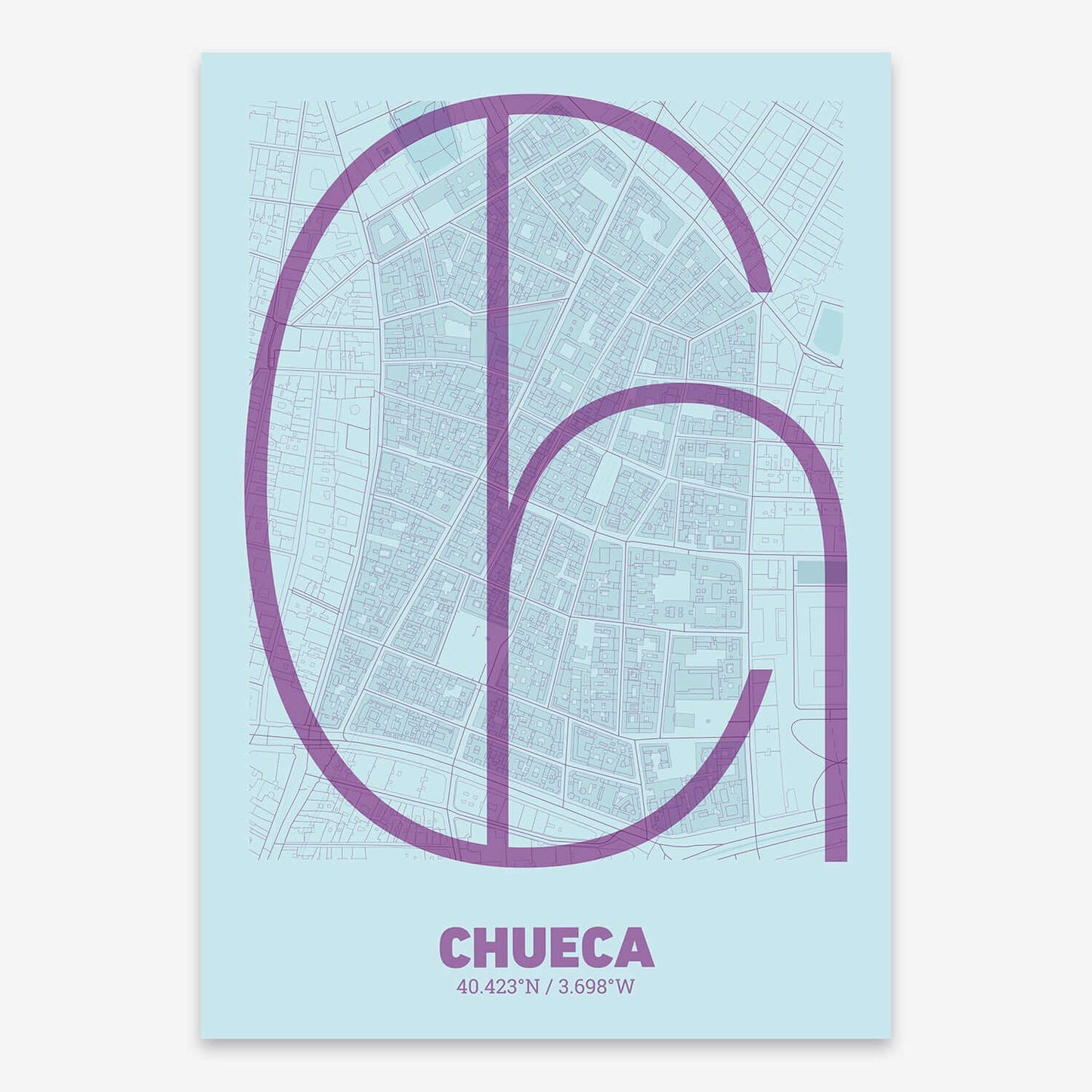 The map of Chueca composed with letters in extra light font printed on yellow and fuchsia