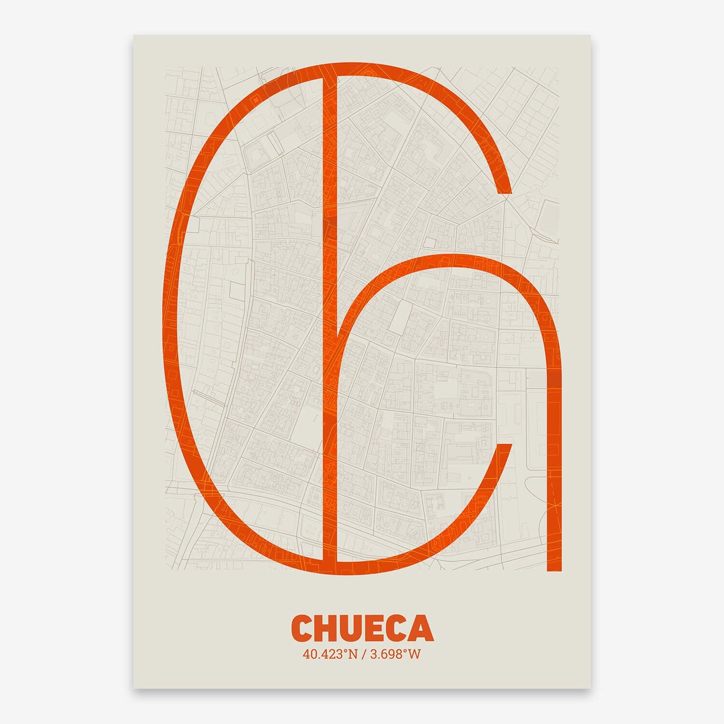 The map of Chueca composed with letters in extra light font printed on violet y pink background