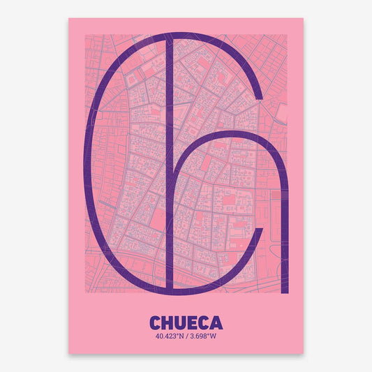 The map of Chueca composed with letters in extra light font printed on purple and light blue