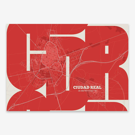 The map of Ciudad-Real composed with letters from its name or IATA code printed on red and an off-white background
